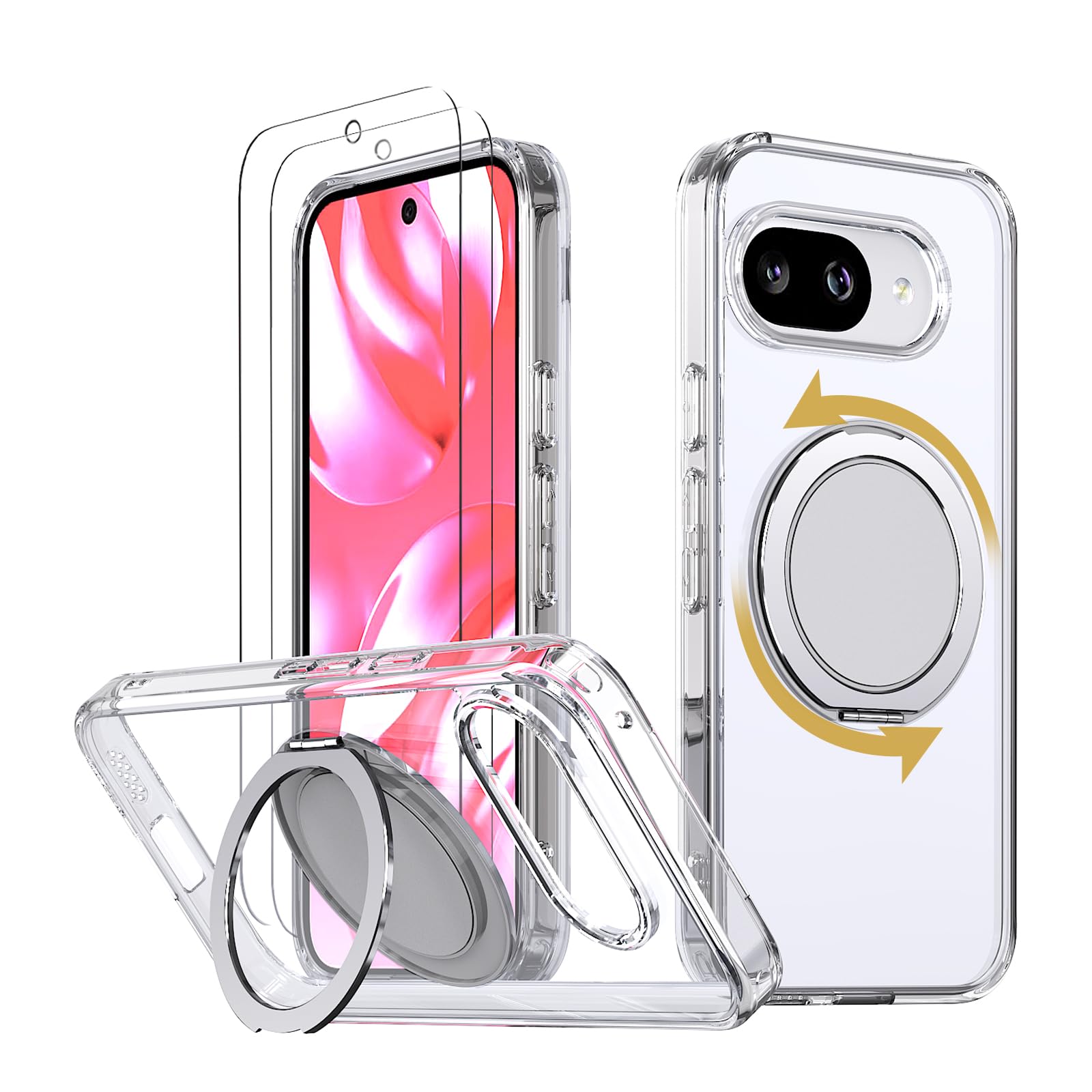 HCXLYP Strong Magnetic for Google Pixel 9A Case with 360° Rotatable Stand [with 2 Tempered Glass Film] [Compatible with Magsafe] Military-Grade Drop