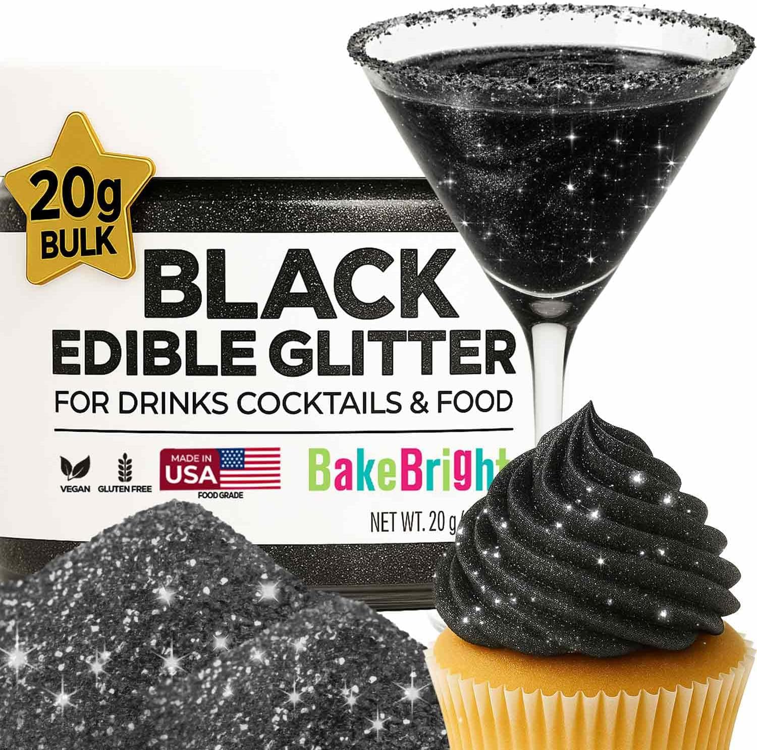 Bulk 20g Black Edible Glitter for Drinks | Premium Edible Glitter for Cakes, Cocktails, Black Cake Decorating Decorations Food Grade, Vegan, Kosher, Halal, Gluten Free - Made in USA