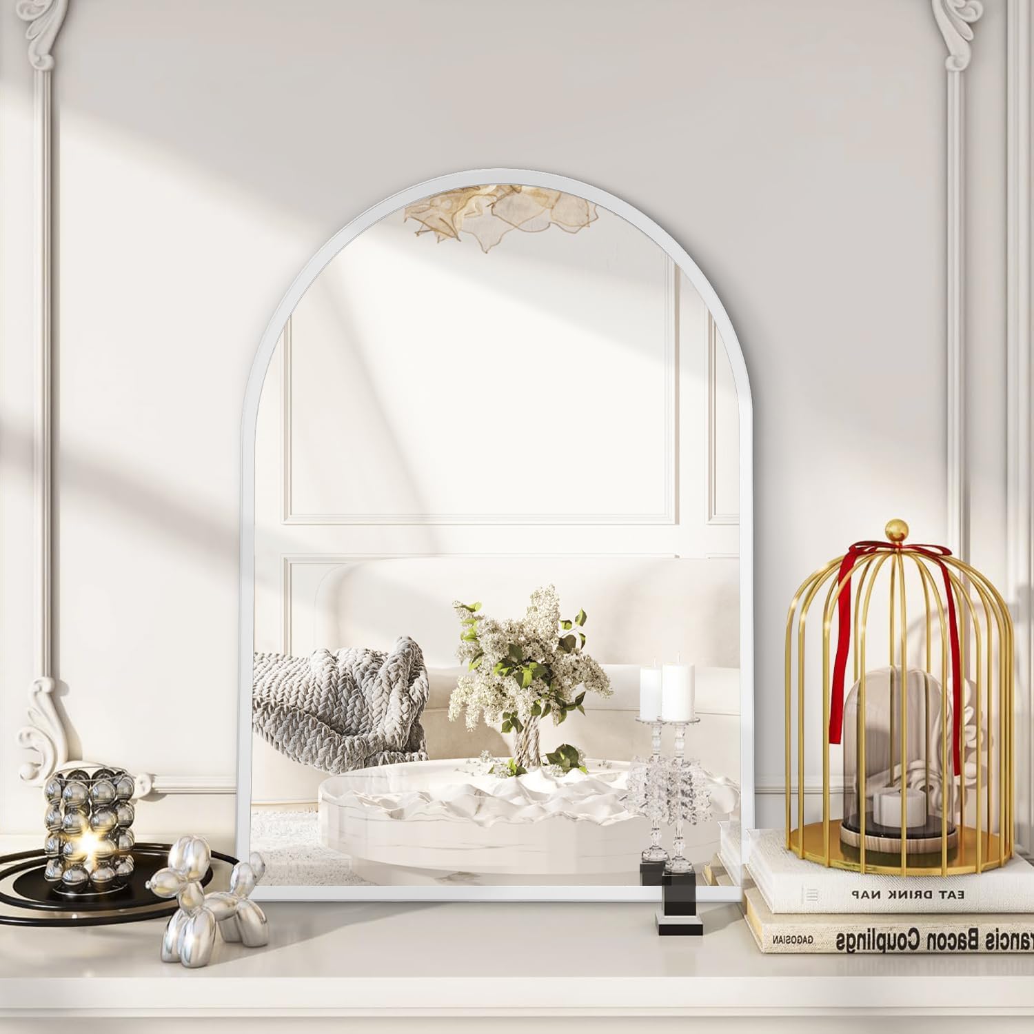 Arch Bathroom Mirror, Wall Mounted Mirrors, White Vanity Wall Mirror Metal Frame Home Decor for Bedroom, Entryway, Living Room 26"x18"