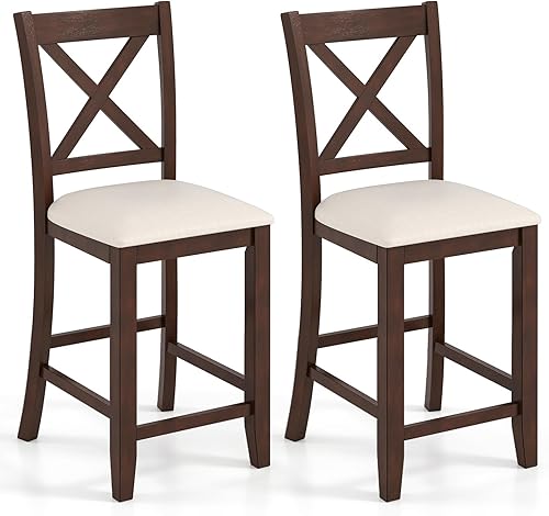 Giantex Juego de 2 taburetes de bar de 24 pulgadas, taburetes de bar de altura de mostrador de granja con reposapiés, respaldo cruzado, cómodo cojín