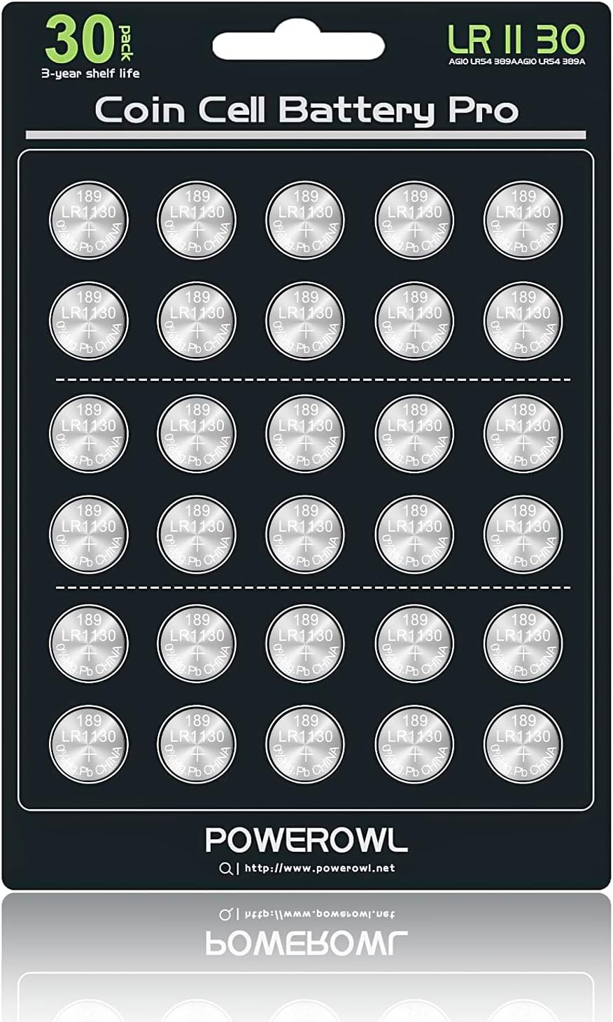 POWEROWL High Capacity LR1130 AG10 Batteries 30 Pack, SG10 389 189 Premium Alkaline Battery 1.5V Button Coin Cell Batteries