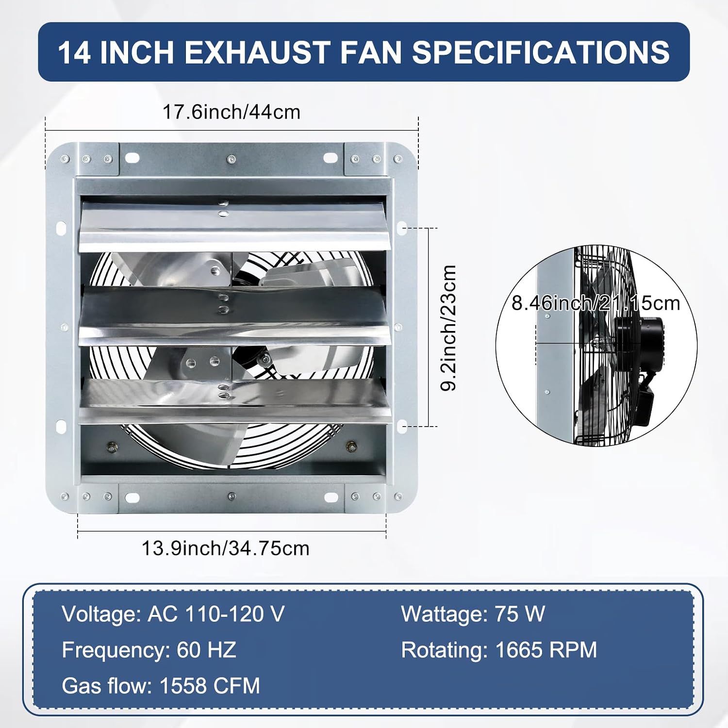 Criditpid 14 Inch Wall Mounted Shutter Exhaust Fan with ON/OFF Switch, High-Speed, Low-Noise Pure Copper Motor, Wall Exhaust Fan for Gable, Shed, Garage, Greenhouse, Kitchen, Attic, 1088CFM, 1450RPM.