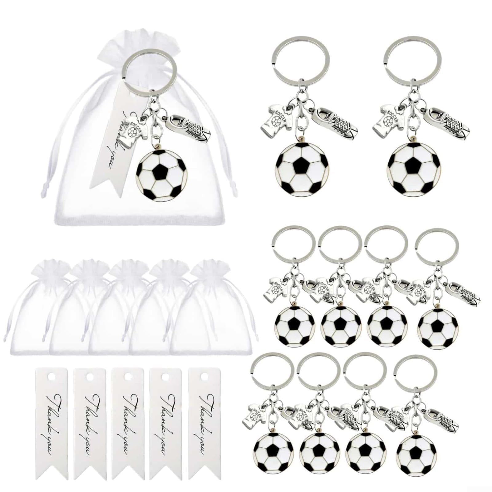 AIKEOU 20 Pack Soccer Keychains Party Favors, with Organza Bags and Thank You Tags, Metal Football Charms, for Kids Birthday Sports Team Gifts(20 Pcs)