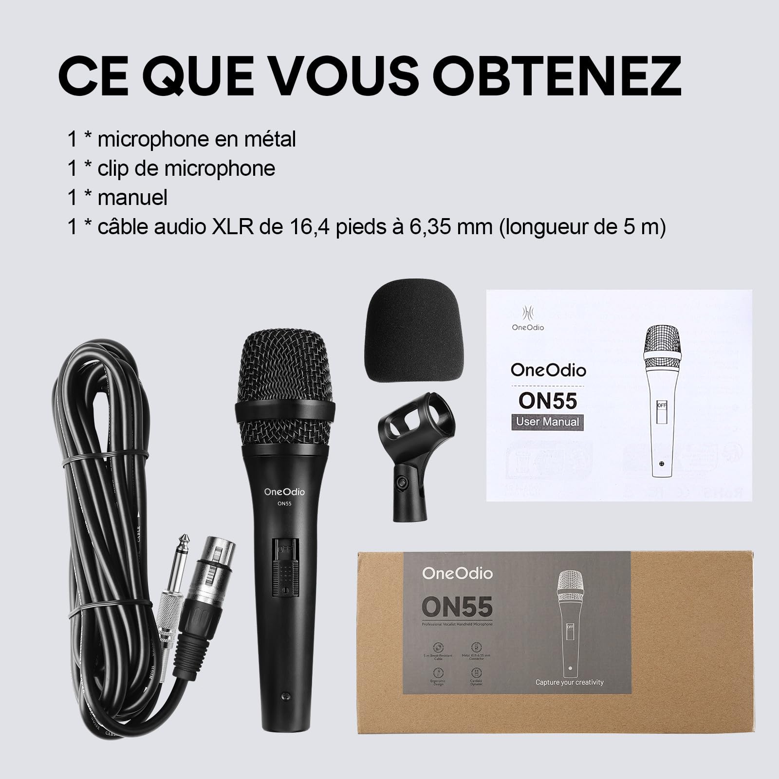 OneOdio Microphone Dynamique Professionnel avec Clip ON55, Câble XLR Filaire de 5 Mètres Durable, Boîtier 100% Métal pour Mariage/Band/Streaming/KTV/Podcast（Gris Argent）