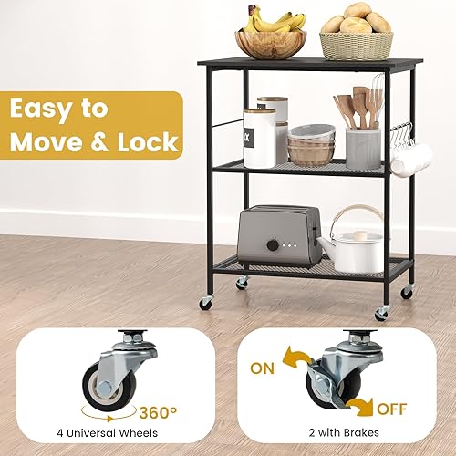 Miniatura 4 de Giantex Carrito de microondas de madera de 3 niveles con estante de almacenamiento y ruedas rodantes, marco de metal de estilo industrial para