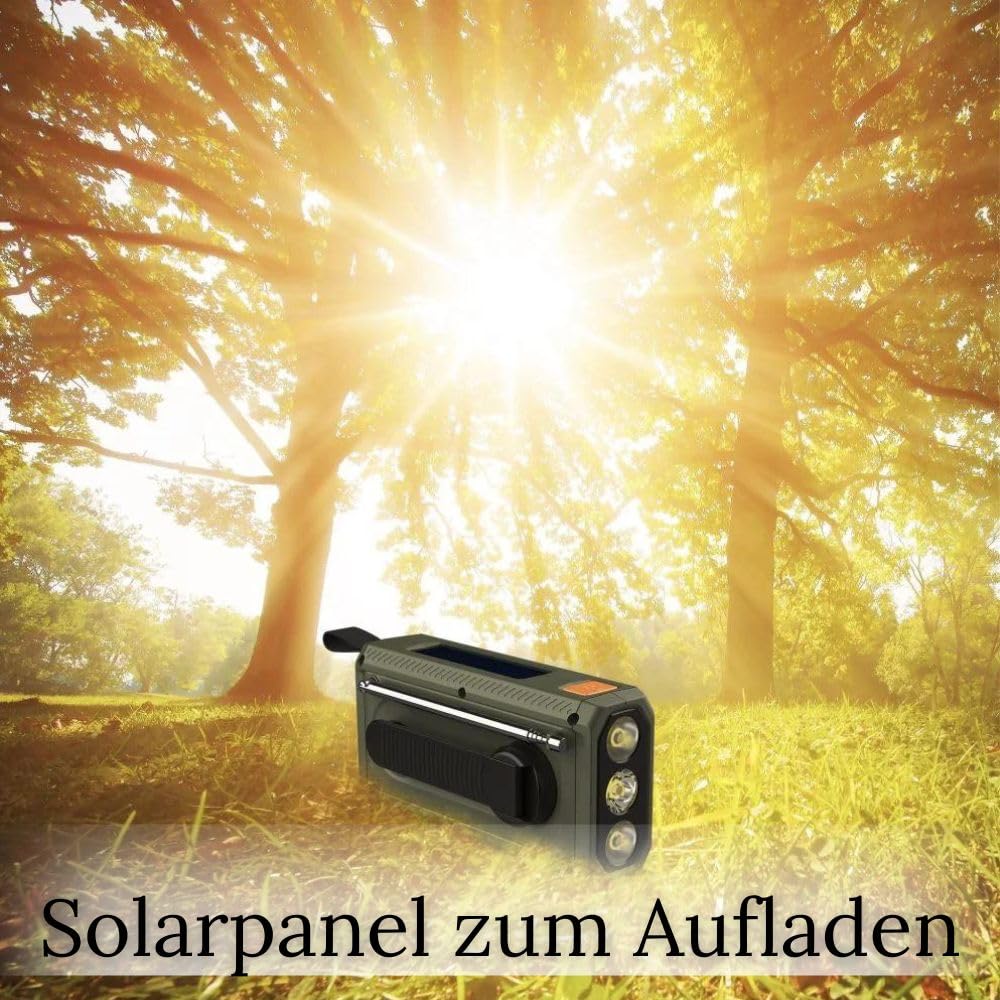 Manta RDI401G solarne radio awaryjne z korbą ręczną, radio FM z przenośnym powerbankiem 4500 mAh, USB-C, jasna latarka i lampka do czytania w sytuacjach awaryjnych w gospodarstwie domowym i na świeżym