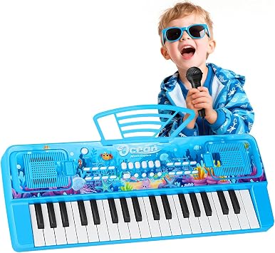 37 Key Piano Keyboard Toy for Kids with Microphone & Music Stand | Blue Portable Electronic Piano, Toddlers Musical Instrument Toy, for Boys Girls Ages 3-7, Birthday Gifts