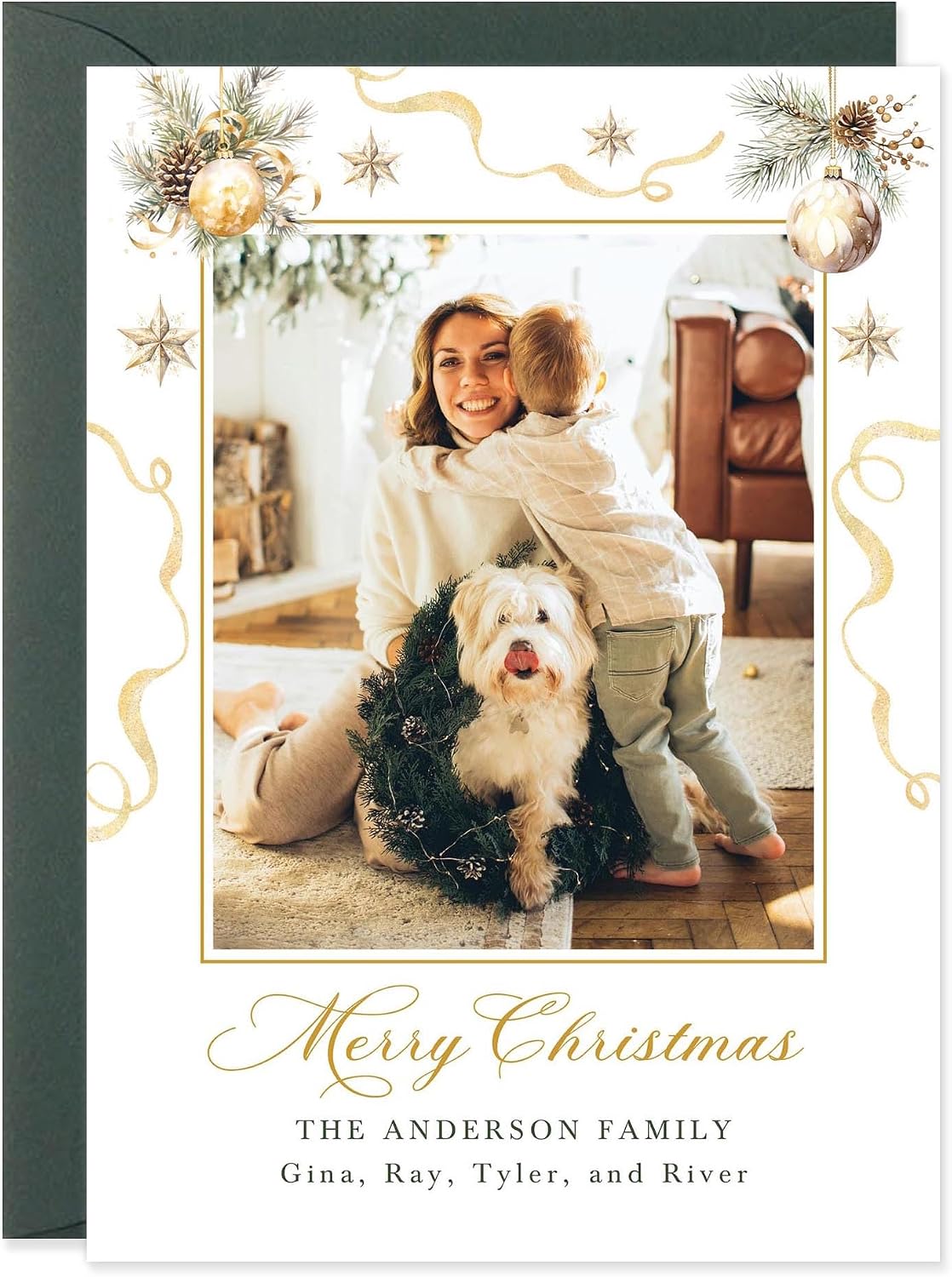 Personalized Christmas Photo Cards 5x7, Family Holiday Greeting Cards, Green and Gold Ornaments, Elegant Printed Notecards with Envelopes