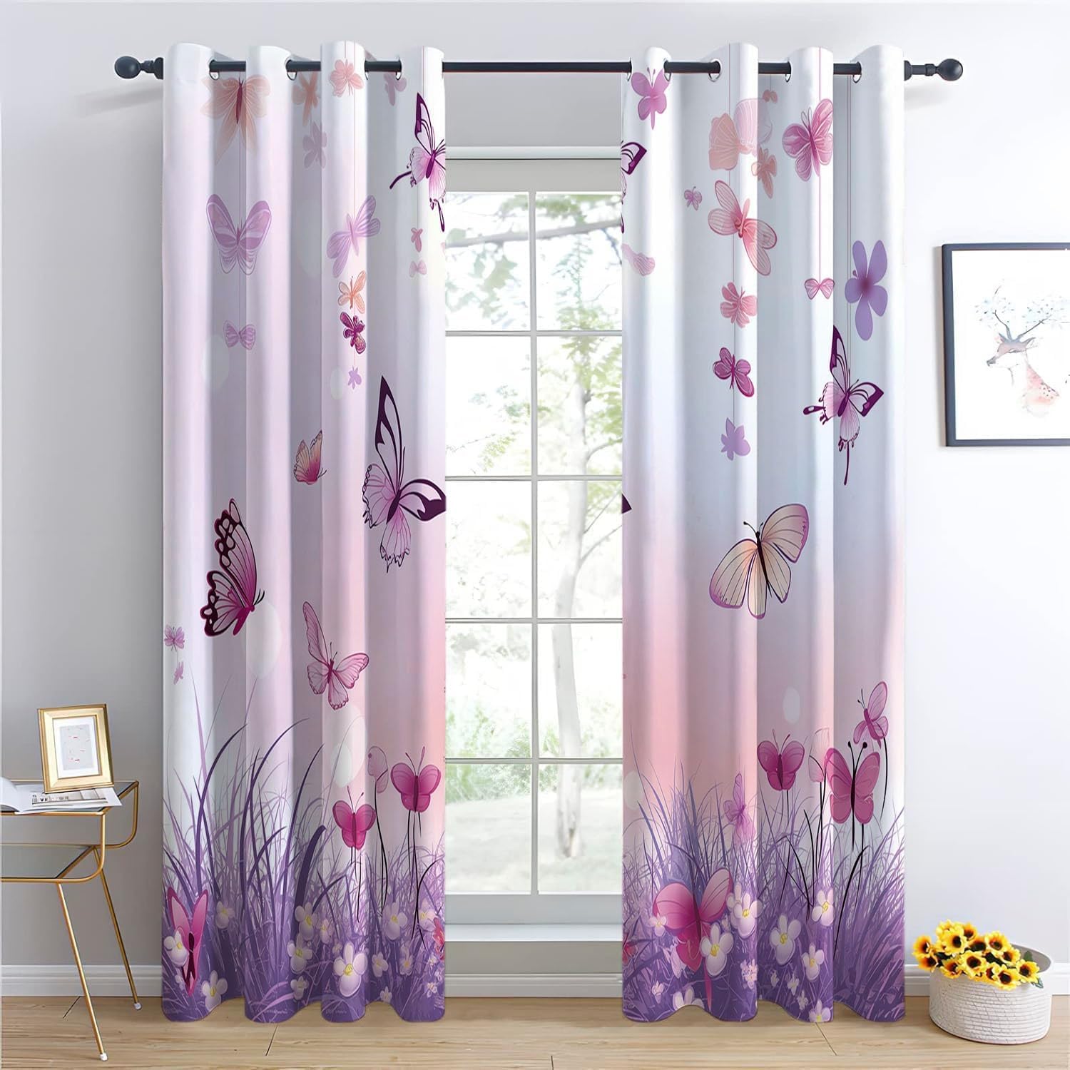 Lot de 2 Rideau Papillon Violet Rideaux Occultants 140x175 cm Fille Imprimé 3D Draperies Ntérieurs Rideaux de Fenetre Isolant Thermique Décoration Rideaux pour Chambre Salon a.1336