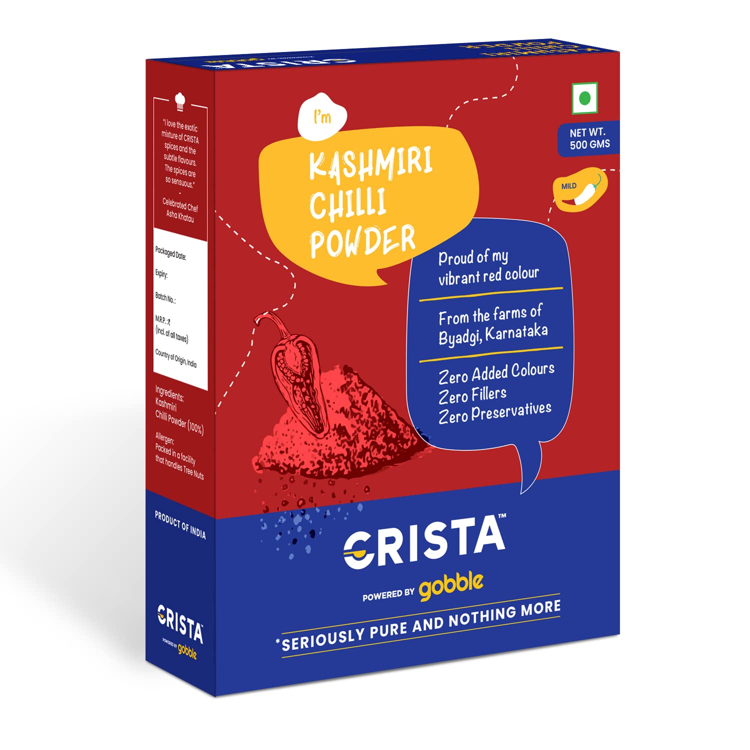 CRISTA 500 gms Kashmiri Lal Mirch Powder | Kashmiri Chilli Powder with Natural Oils | Zero added Colours, Fillers, Additives & Preservatives | Mild Spicy Grade | Vibrant Red Colour | 500 gms (B09Z6PX51H) Amazon Price History, Amazon Price Tracker