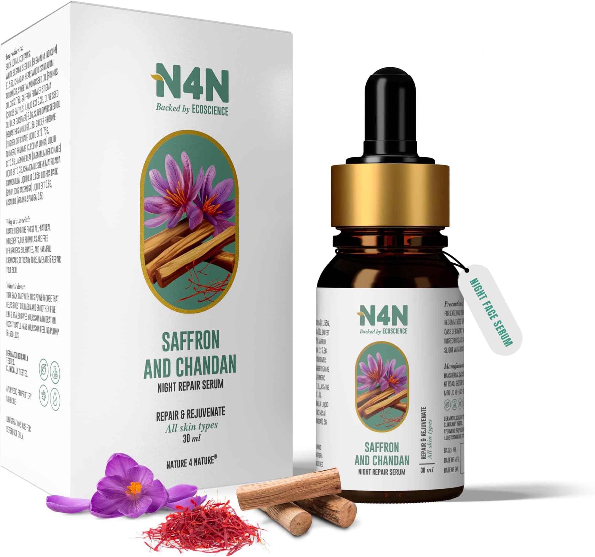 N4N Face Serum for Glowing Skin, Acne & Dark Spots Revitalizer Night Repair Formula for Men & Women, Deep Nourishment with Natural & 100% Organic Ingredients Suitable For All Skin Types, Dermatologically Tested, 30ml