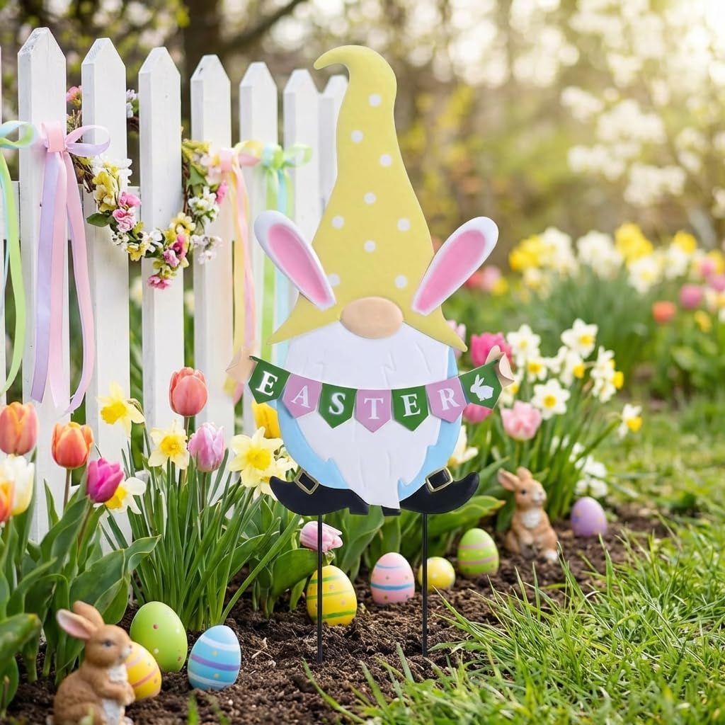 TERESA'S COLLECTIONS Easter Decorations Outdoor for Home, Metal Easter Gnomes Decor Yard Stakes, Pink & Blue Egg Rabbit Garden Stakes Gifts, Welcome Yard Signs for Outside Lawn Porch Patio, 27"