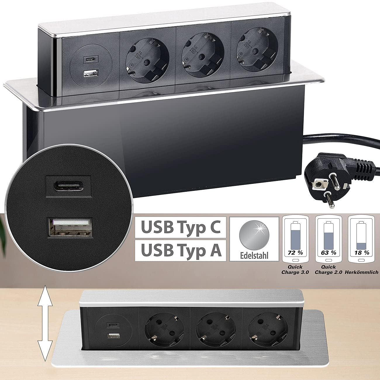 revolt USB Hub versenkbar: Versenkbare 3-Fach Einbau-Tischsteckdose, USB-C, PD & QC 3.0, Silber (Steckdosenleiste versenkbar, Versenkbare Steckdose mit c, Tablet)