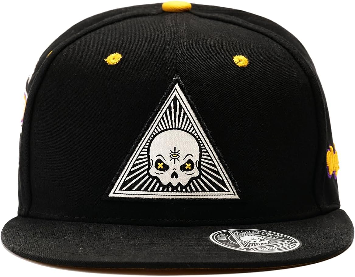 Hip Hop Hat Flat Brim Hat Rock Cap Cotton Adjustable Rear Snapback Unisex Hat Black with Skull Triangle Patch image 3