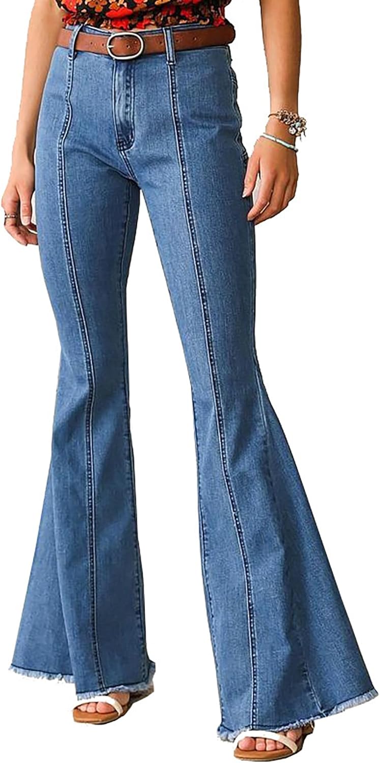 Women's Star Patchwork Bell Bottom Jeans High Waisted Frayed Raw Hem Casual Slim Denim Pants