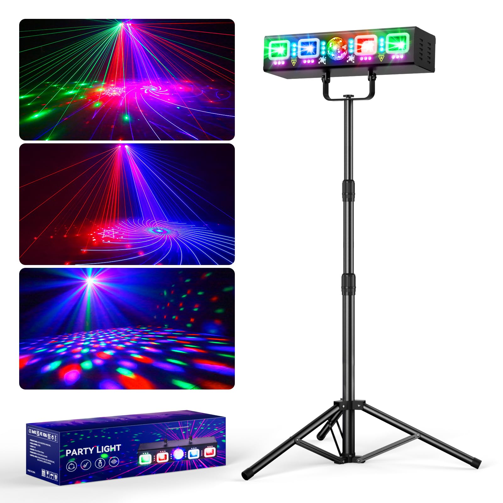 KeoBin Discolicht Partylicht Musikgesteuert, 61" Stativ DJ Disco Licht mit DMX 512, Stroboskop, Fernbedienung, Partylicht Mit Lichteffekte für Familie Fest Geburtstag Hochzeit Halloween Weihnachten
