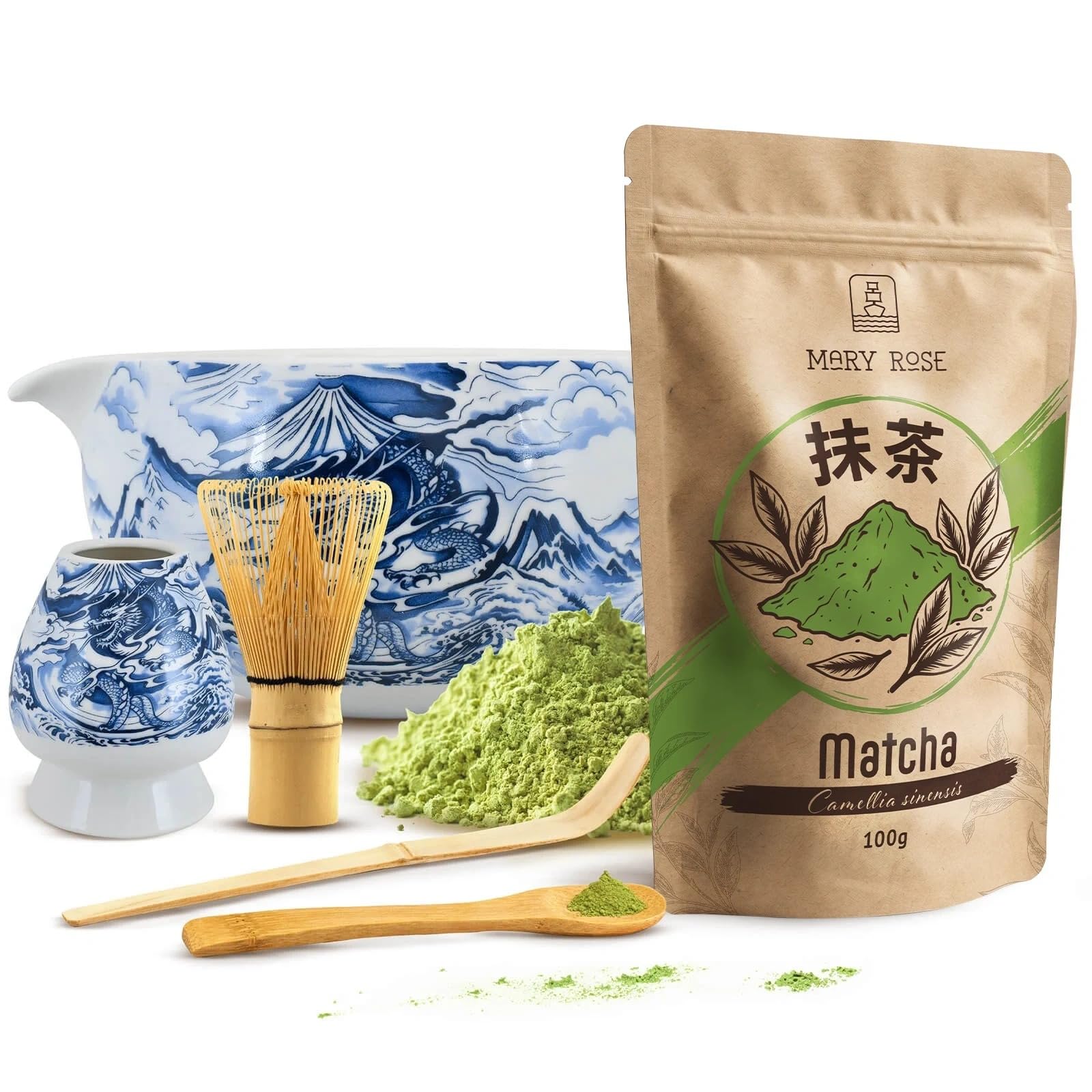 Set da Matcha Dragon – Tè Verde Mary Rose Matcha 100g con Ciotola, Accessori in Bambù e Supporto in Ceramica