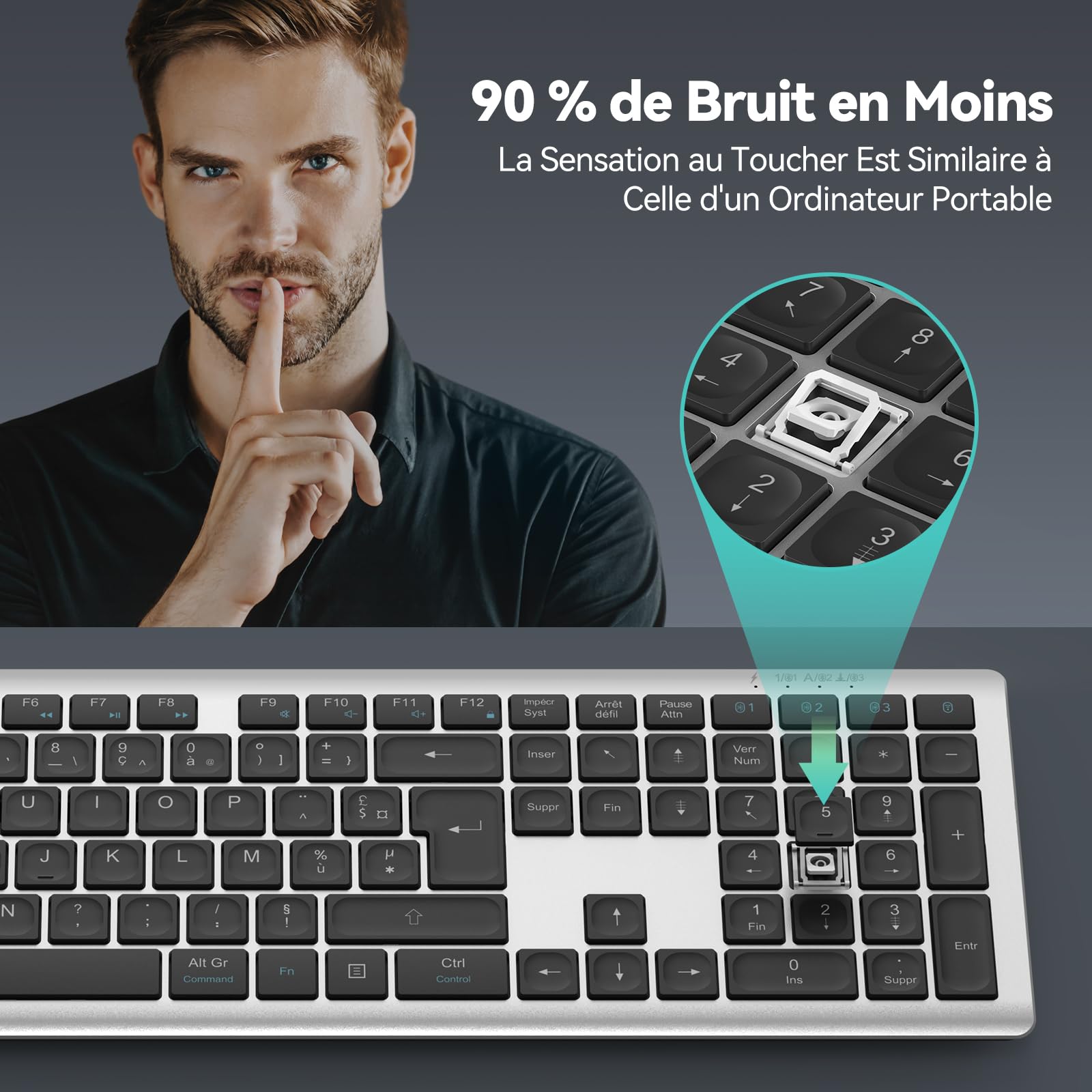 TECKNET Clavier sans Fil Ultra-Mince Rechargeable, Clavier Bluetooth 3 Canaux Multi-appareils, Clavier Silencieux à Frappe Douce, Compatible Mac OS et Windows, Connexion Stable et Longue Autonomie