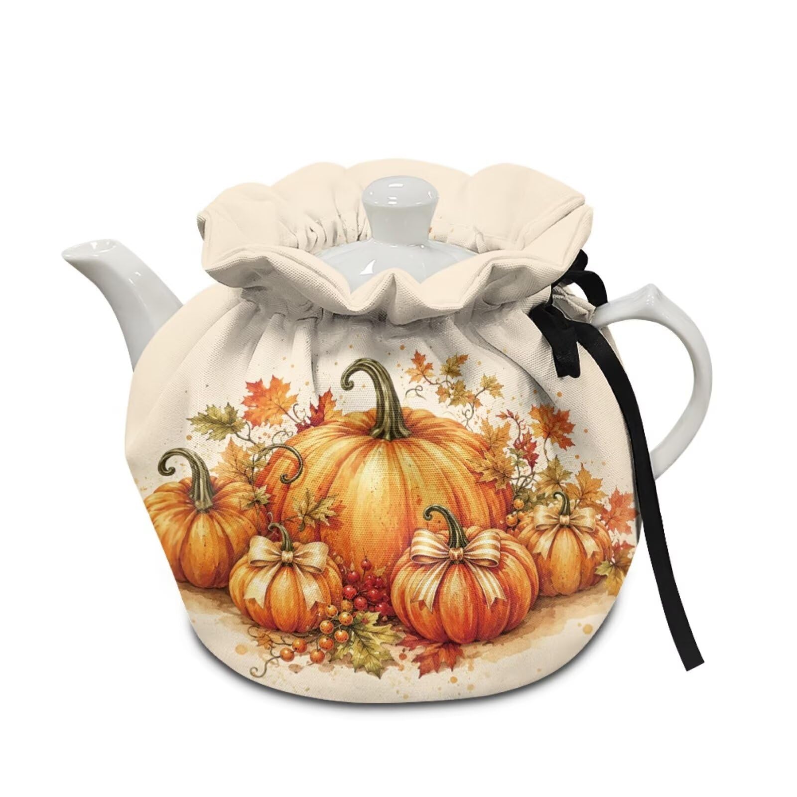 Fall Bow Print Tea Cosy for Kitchen Pumpkin Print Insulated Tea Pot Dust Cover for Home Keep Warm Teapot Cover for Party Kitchen Tabletop Decor Gift for Friends