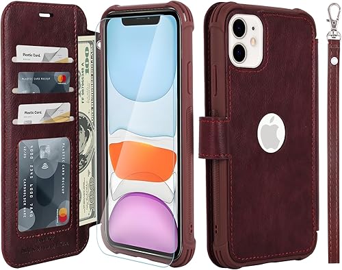 VANAVAGY Funda tipo cartera compatible con iPhone 11 para mujeres y hombres, funda de piel sintética con correa para la muñeca para carga