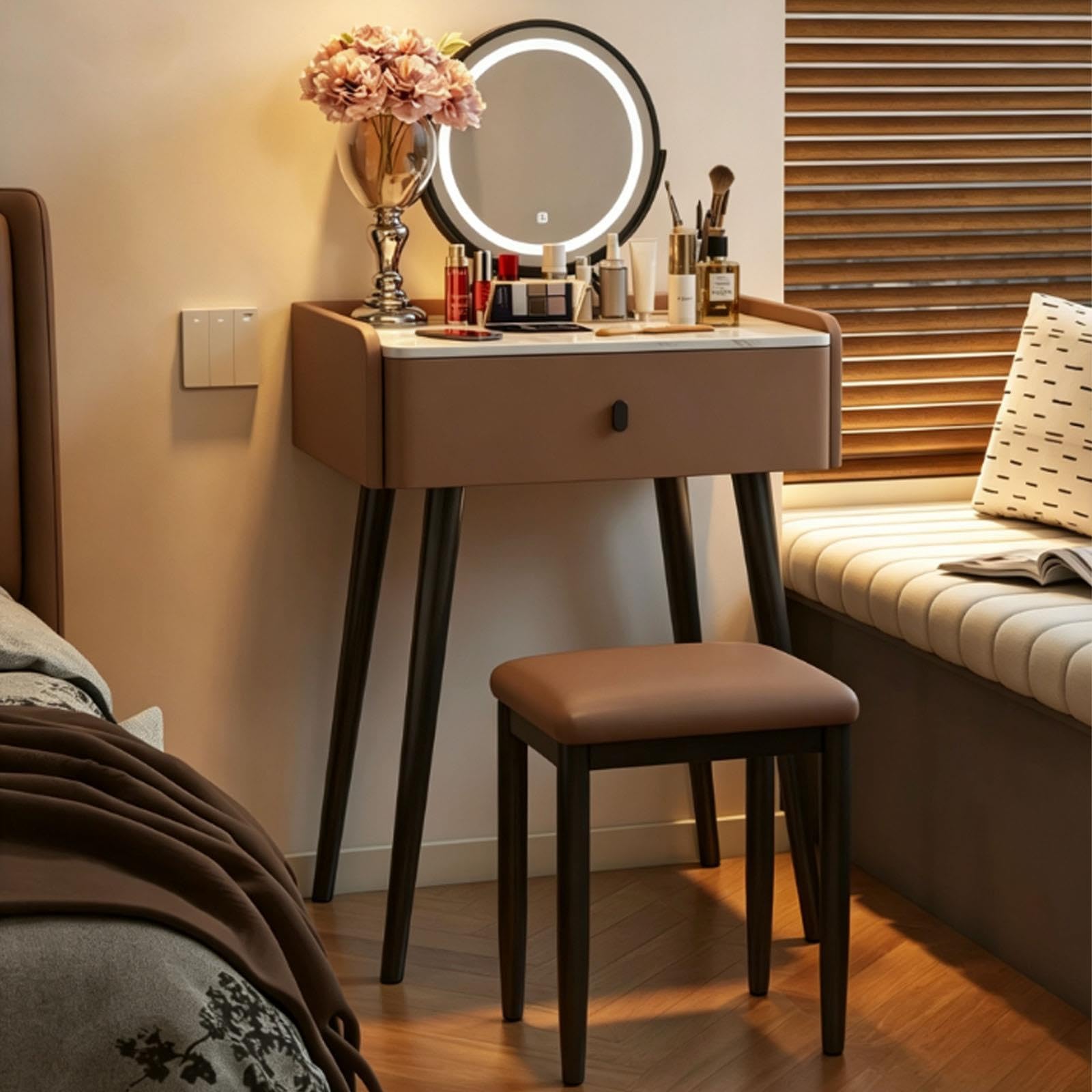 Tavolo Trucco Stile Italiano con Specchio e Sgabello, Piano in Pietra