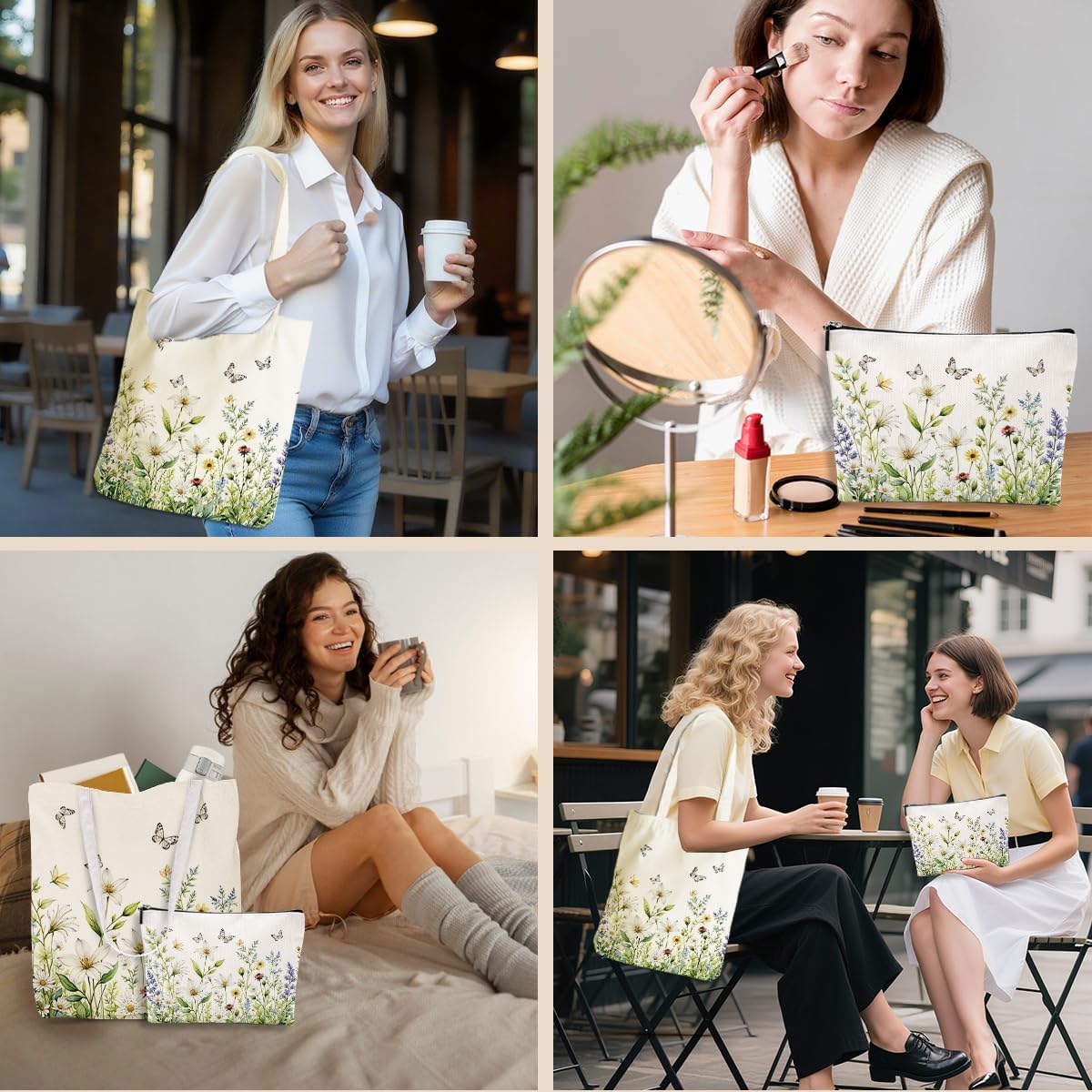 Flower Plant Lover Gifts for Women Canvas Tote Bag with Makeup Bag Cosmetic Bags Grocery Bags for Shopping Christmas - Image 6