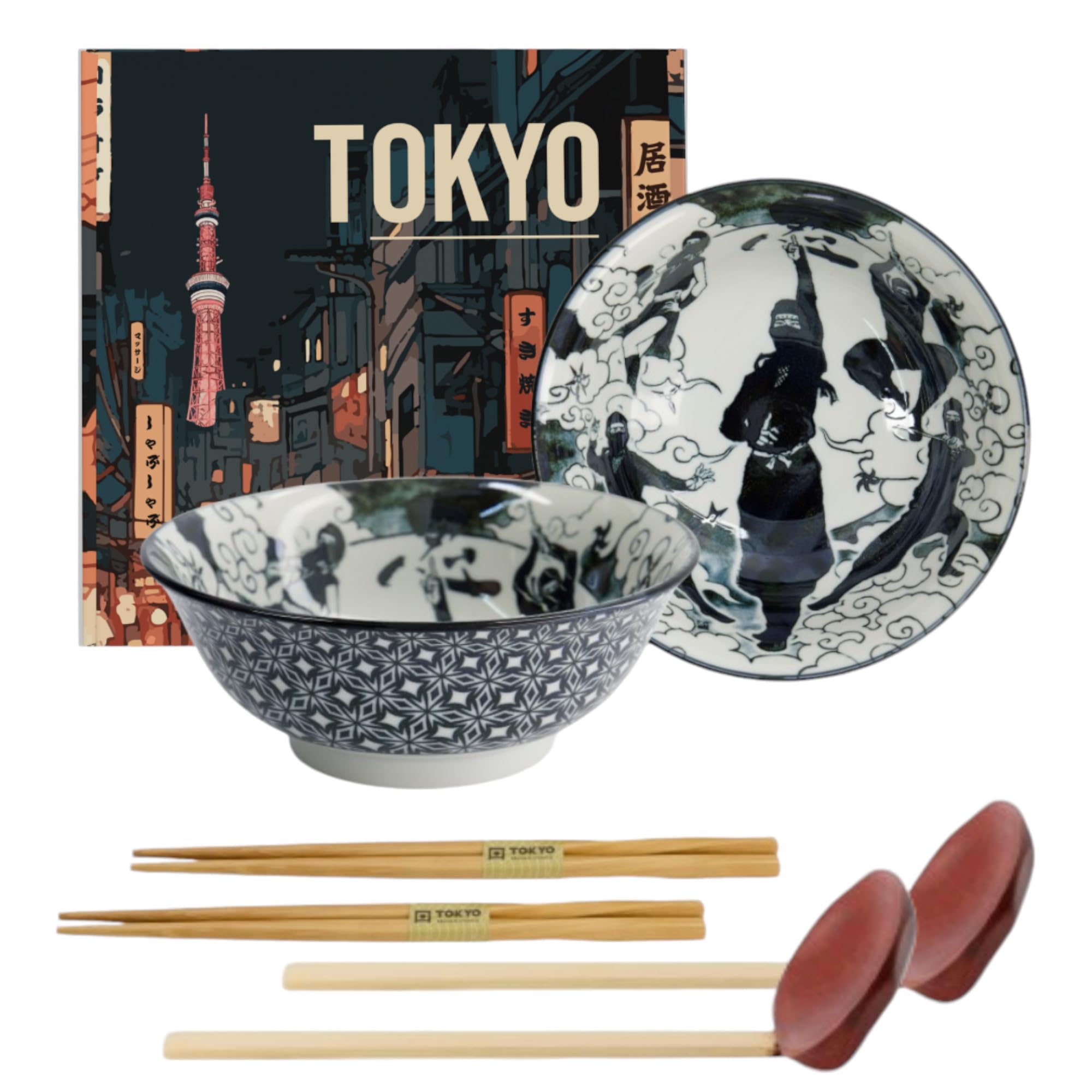 TOKYO Design Asakusa Ninja Schalen 2er Set | Japanisches Porzellan | Suppenschalen Ø 20.3 cm, 8 cm, 1200 ml | Geschenkset inkl. Essstäbchen & Holzlöffel | Made in Japan | Für Ramen, Nudeln & Suppen