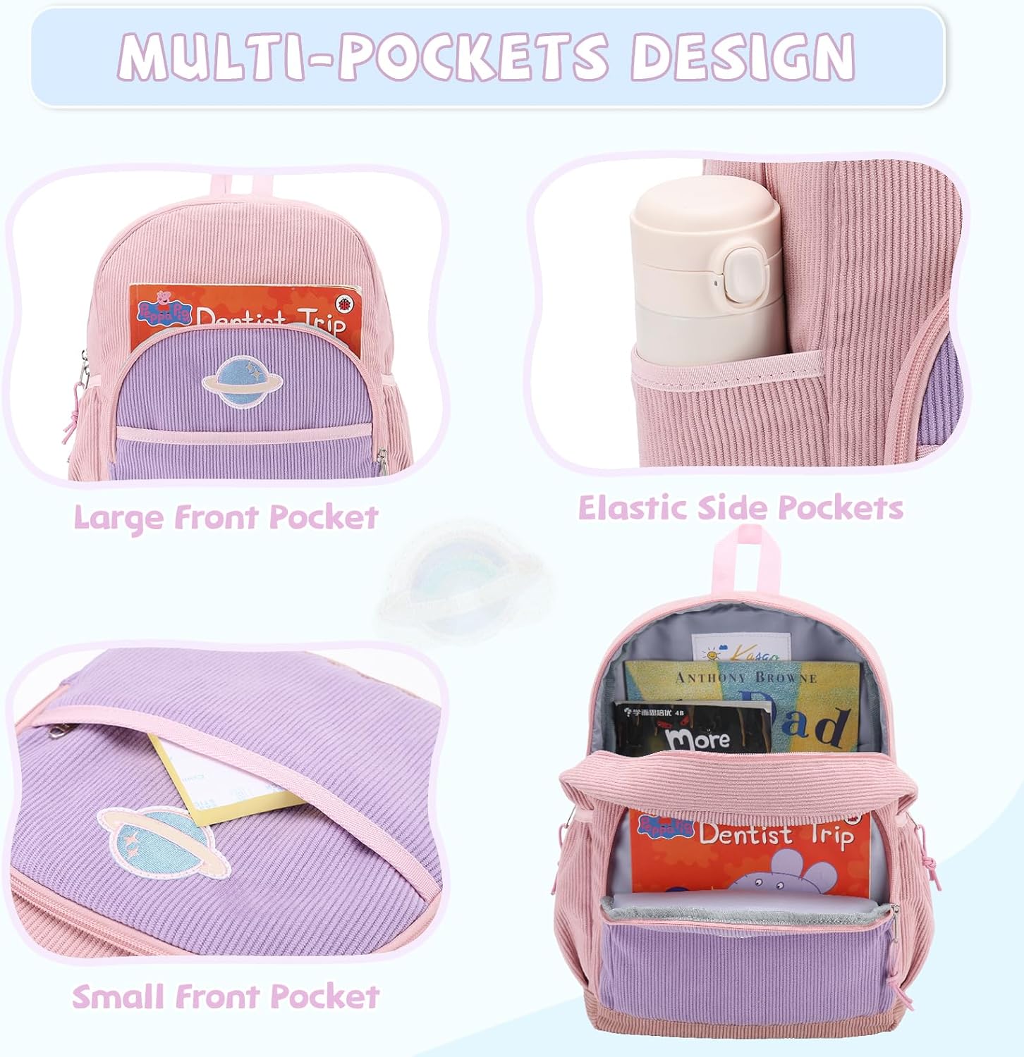 Kasqo Kids Corduroy Backpack, Lightweight Preschool & Primary School Bag for Boys & Girls 4-7 Years with Chest Buckle, 14.5" H, Fits A4 Folders Pink Purple - Image 4