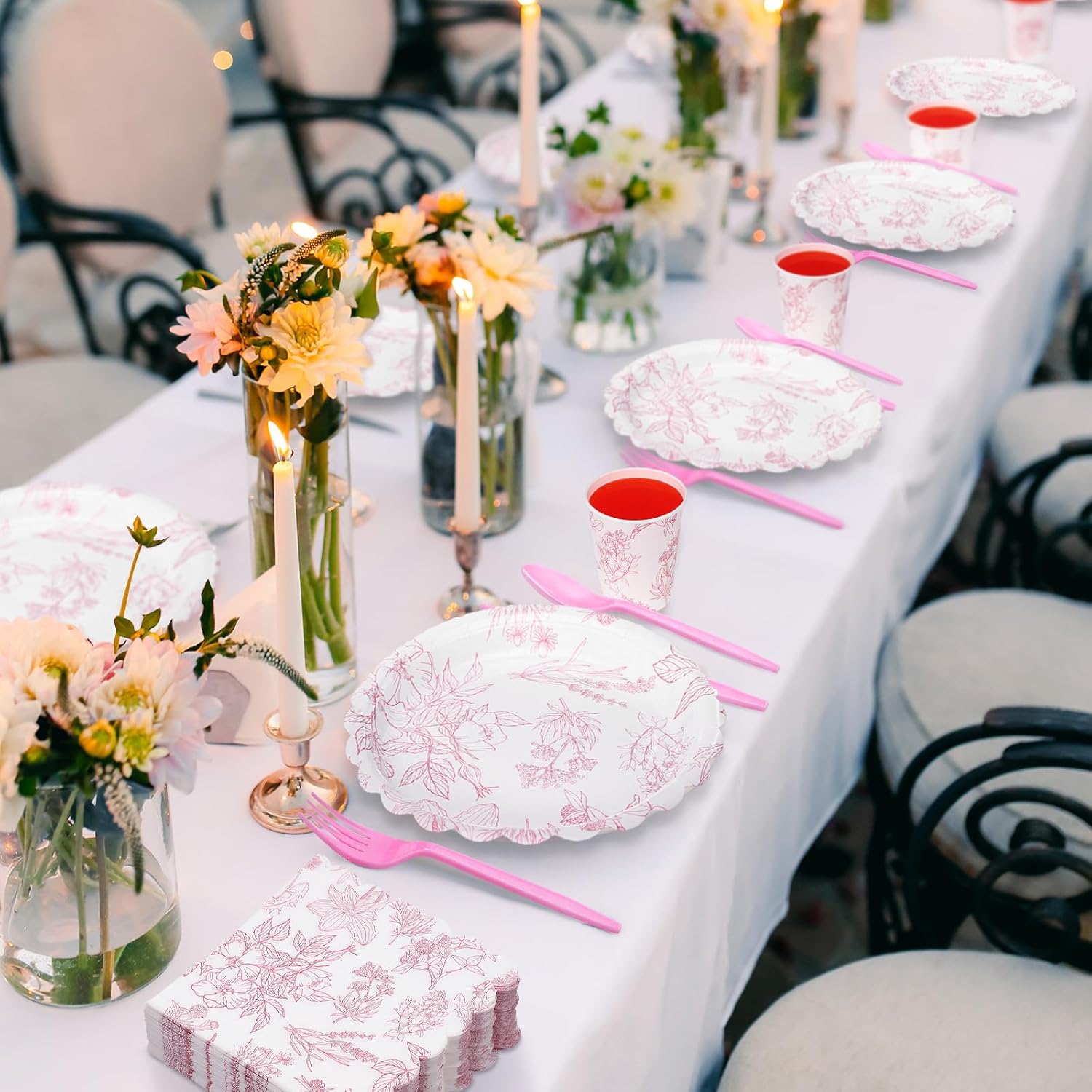 Havawish 400 Pcs Pink Floral Party Plates Disposable Tableware Set for 50 Guest Spring Flower Paper Plates Tea Party Scalloped Plates Napkins Cups for Wedding Party Baby Bridal Shower