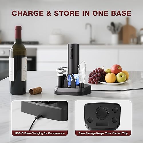 Miniatura 5 de Juego de abridor de vino eléctrico recargable con base de carga, juego de regalo de vino 7 en 1 con cortador de lámina, vertedor aireador, 2 tapones