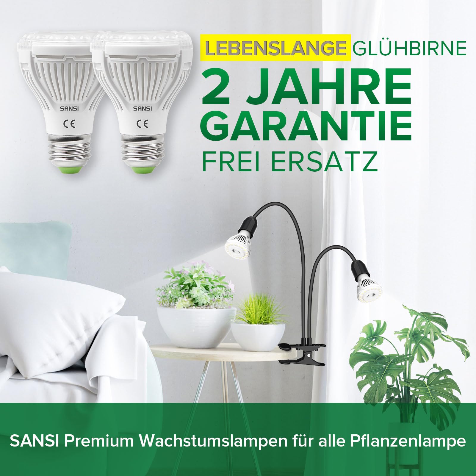 SANSI LED Pflanzenlampe für Zimmerpflanzen, 20W (300W Äquivalent) Vollspektrum 2-Kopf Clip On Pflanzenlicht mit 360° Schwanenhals, Wachstumslampe mit Hohe PPFD für Indoor Pflanzenwachstum