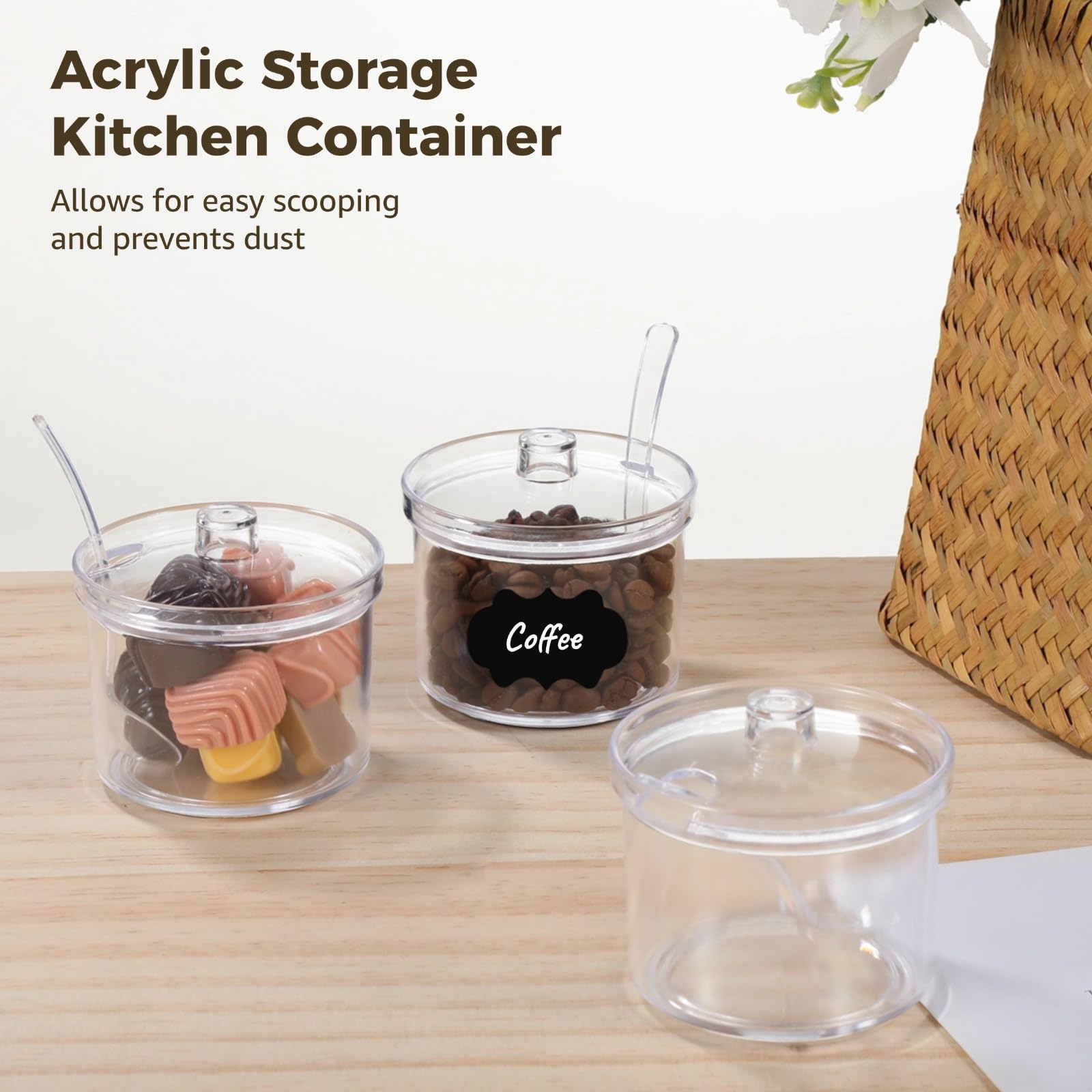 Transparente Zuckerdose für Kaffee, Tee, Gewürze, 200 ml, mit Deckel und Löffel, Acryl-Zuckerbehälter mit Stift und 24 Etiketten, 12 Stück