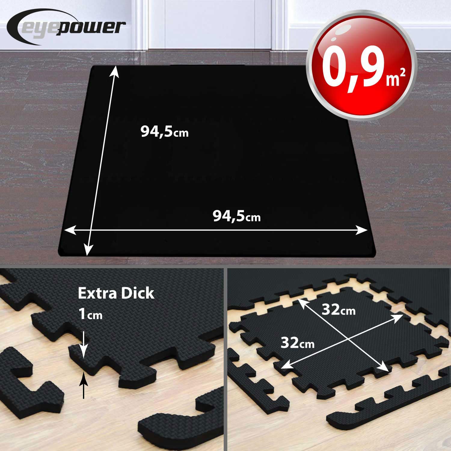 EYEPOWER Dalles de Protection Sol Fitness 30x30 cm Noir - 9 Tapis Home Gym - Dalles Amortissantes Salle de Sport - Protection Sol pour Tapis de Course Vélo Elliptique Crosstrainer