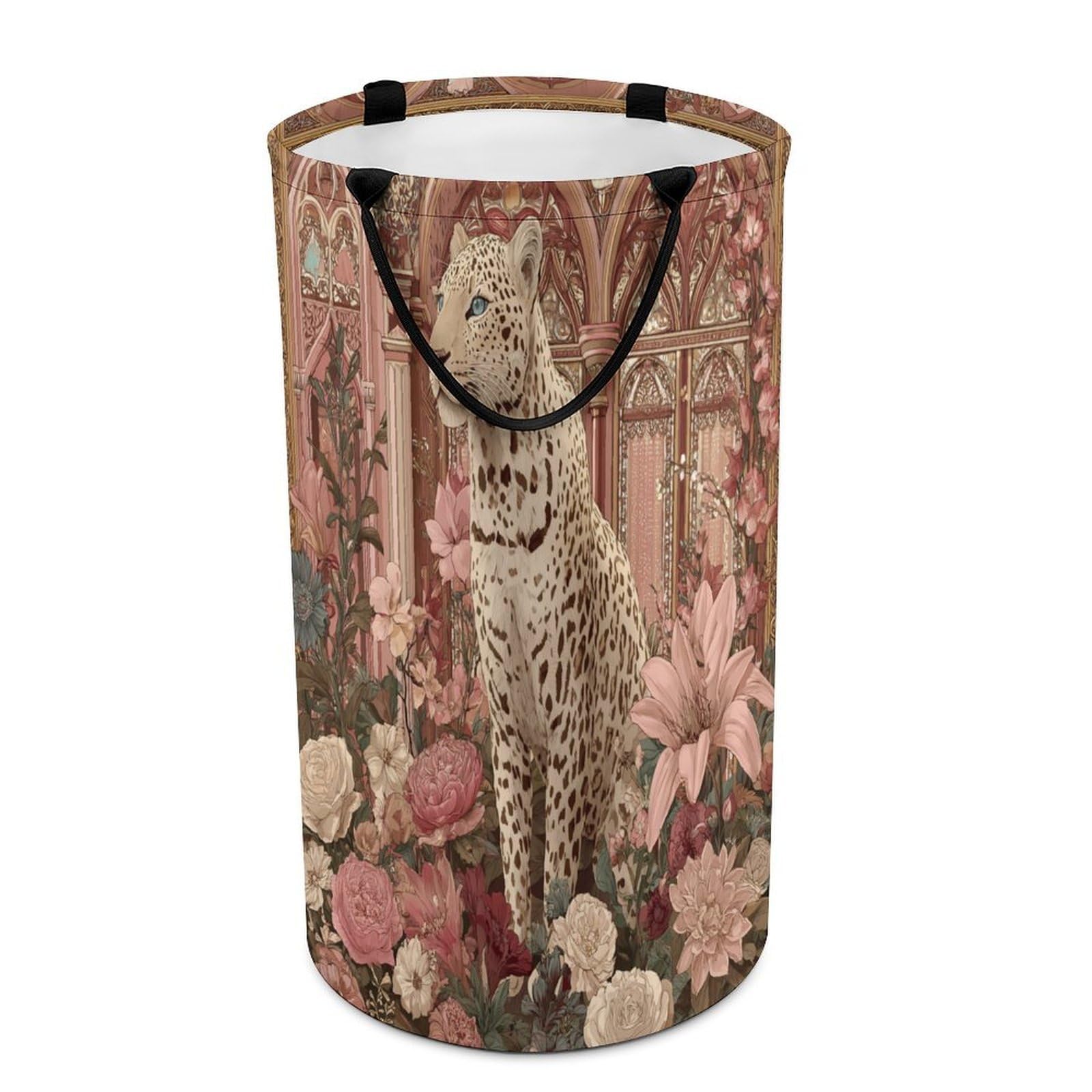LUYYSKY Modern Cool Elegant Leopards Collapsible Dirty Clothes Basket, Rustic Abstract Animals Cheetah Plants Roses Flowers Portable Clothes Storage Basket