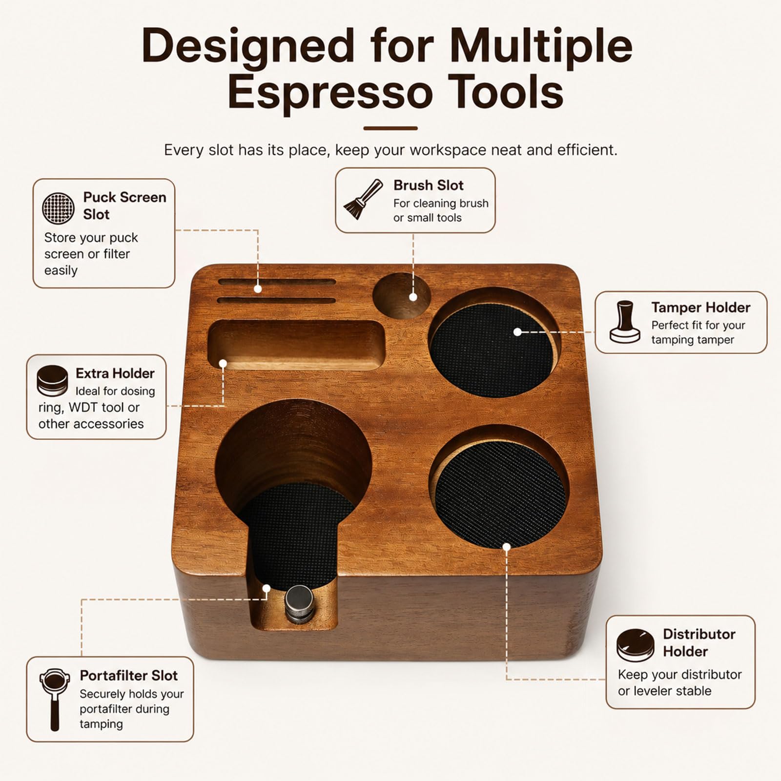 Estación de Prensado Café 51mm/54mm Tamper Station Madera Estación de Apisonamiento de Espresso para Portafiltros Accesorios de Barista, Altura Ajustable, con Almohadillas Antideslizantes
