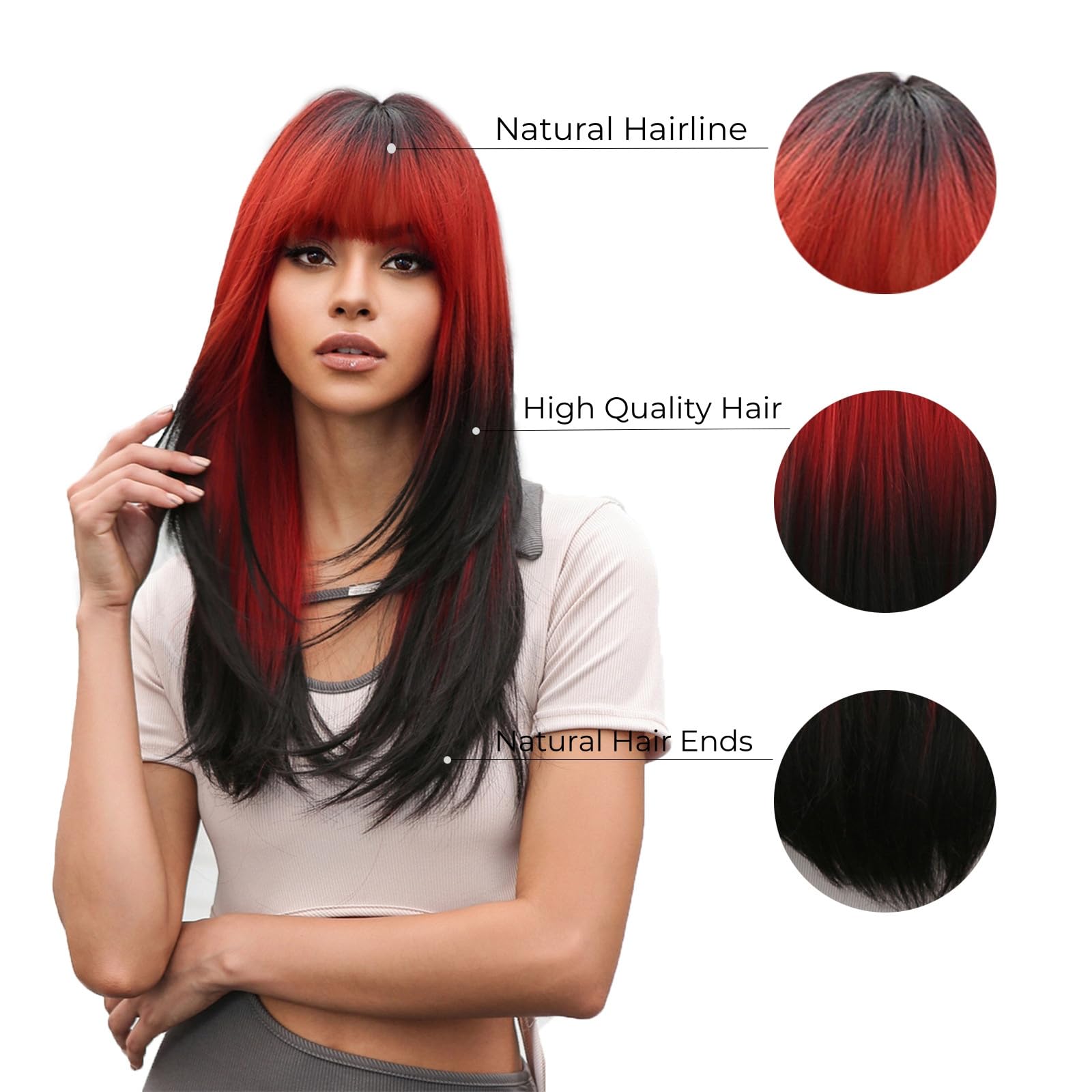 Parrucca Donna Con Frangia Sintetiche Lunga Liscia, Realistiche Naturale Layered Rosa Sfumato Brown Wig Per Cosplay Feste Ogni Giorno Halloween(Red Black)