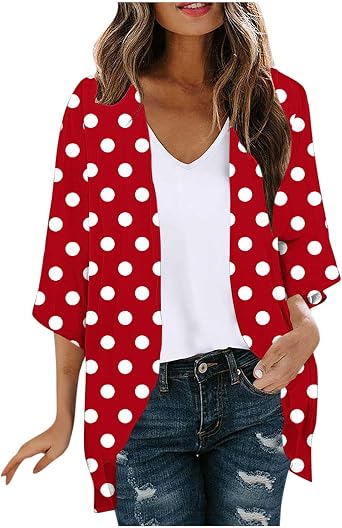 Womens Polka Dot Kimono Cardigan 3/4 Sleeve Open Front Lightweight Casual Summer Beach Cover Up Tops