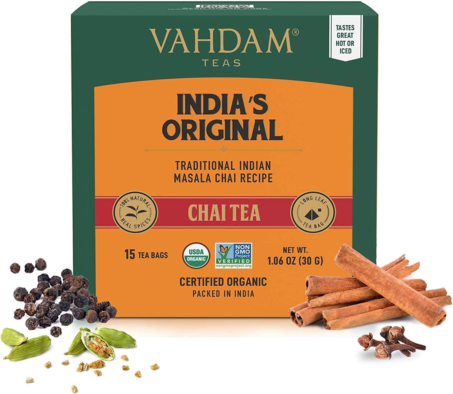 VAHDAM, India's Original Masala Chai Tea Bags (15 Pyramid Tea Bags) 100