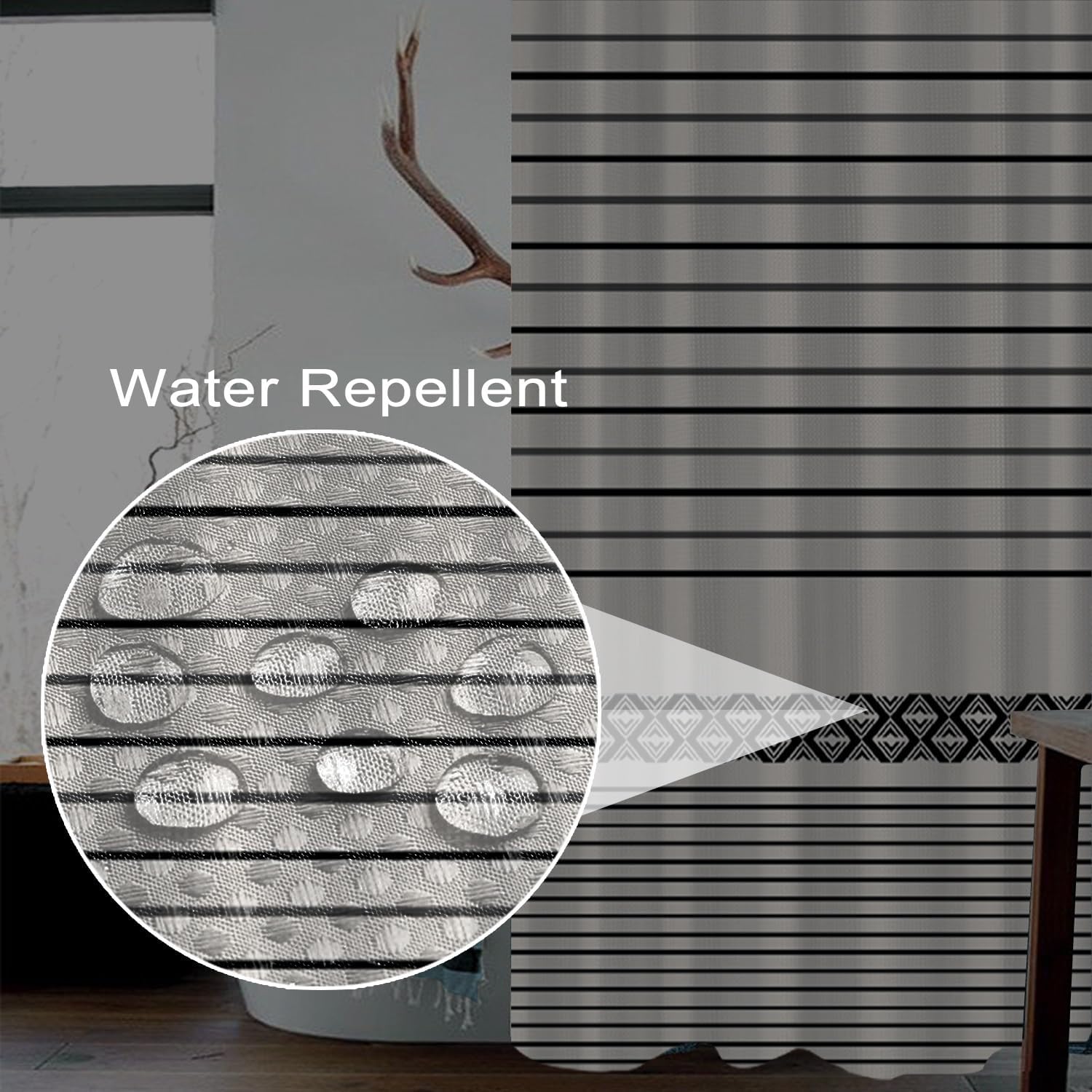 Black Shower Curtain for Bathroom Boho Striped Lines Waffle Fabric Shower Curtain Set with Hooks Modern Farmhouse Waterproof Curtains 72x72inches