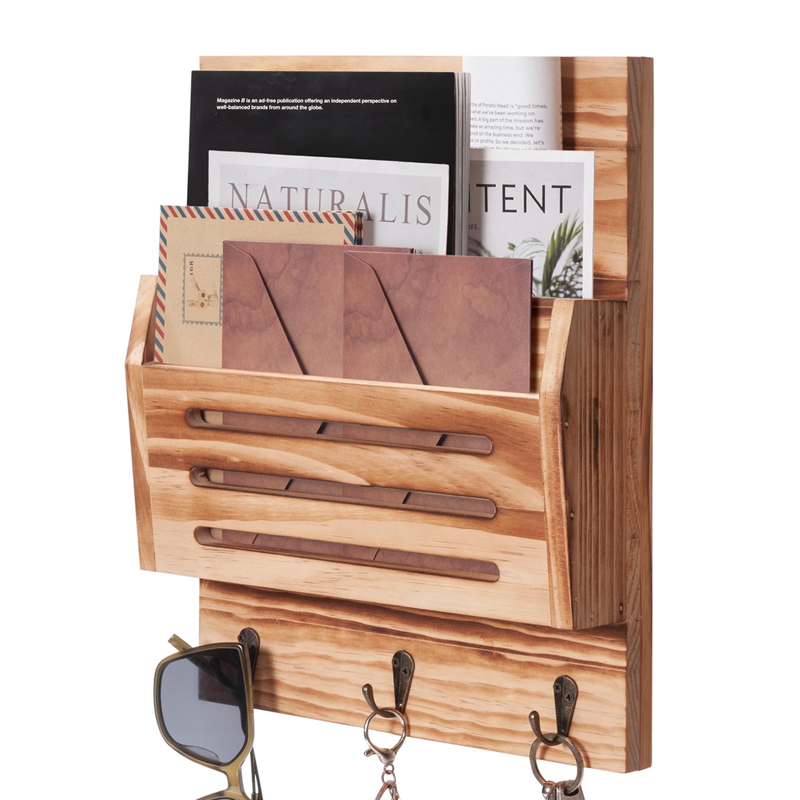 Photo 1 of humberboat Key and Mail Holder Wall Mount, 2-Slot Wooden Mail Organizer with 3 Key Hooks, Decorative Mail Sorter Wall Mounted, Rustic Key Rack Hanger for Entryway, Farmhouse, Home Decor, Brown