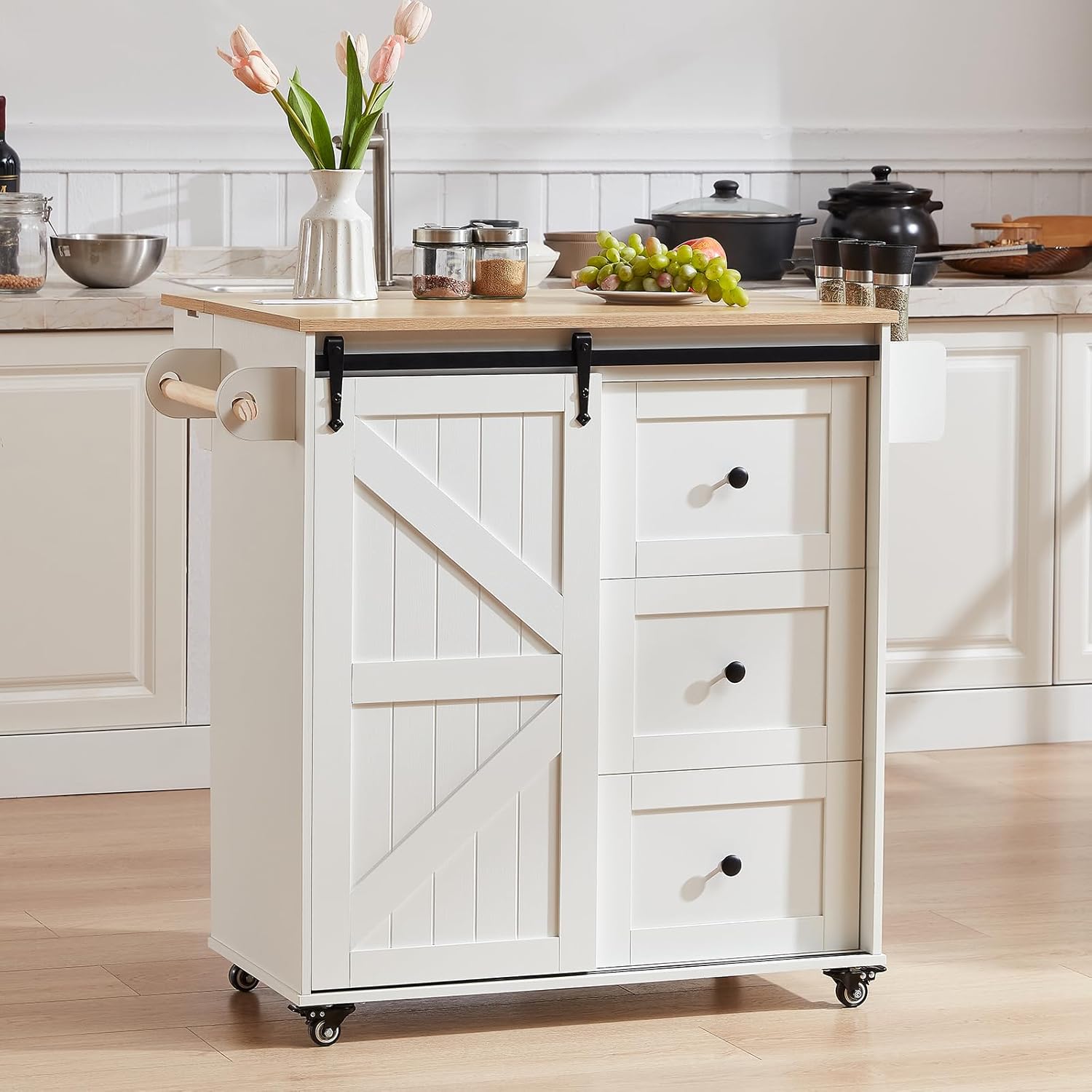 ONBRILL 31.5" Farmhouse Kitchen Island with Drop Leaf & Power Outlet, Rolling Kitchen Cart with Sliding Barn Door, Portable Island Table with 3 Drawers, Spice Rack & Towel Holder