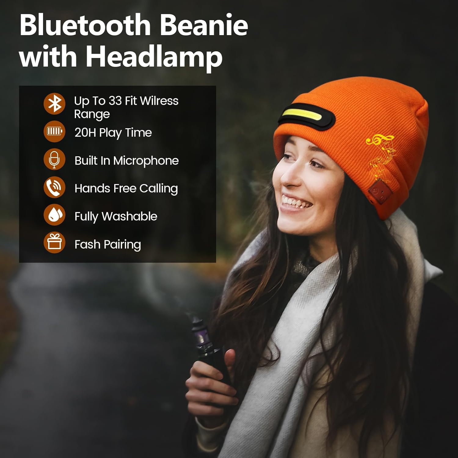 RANCOVY Bluetooth Beanie with Light, Musical Knit Hat with Wireless Headphone, LED Beanie with Bluetooth for Men Women - Image 2