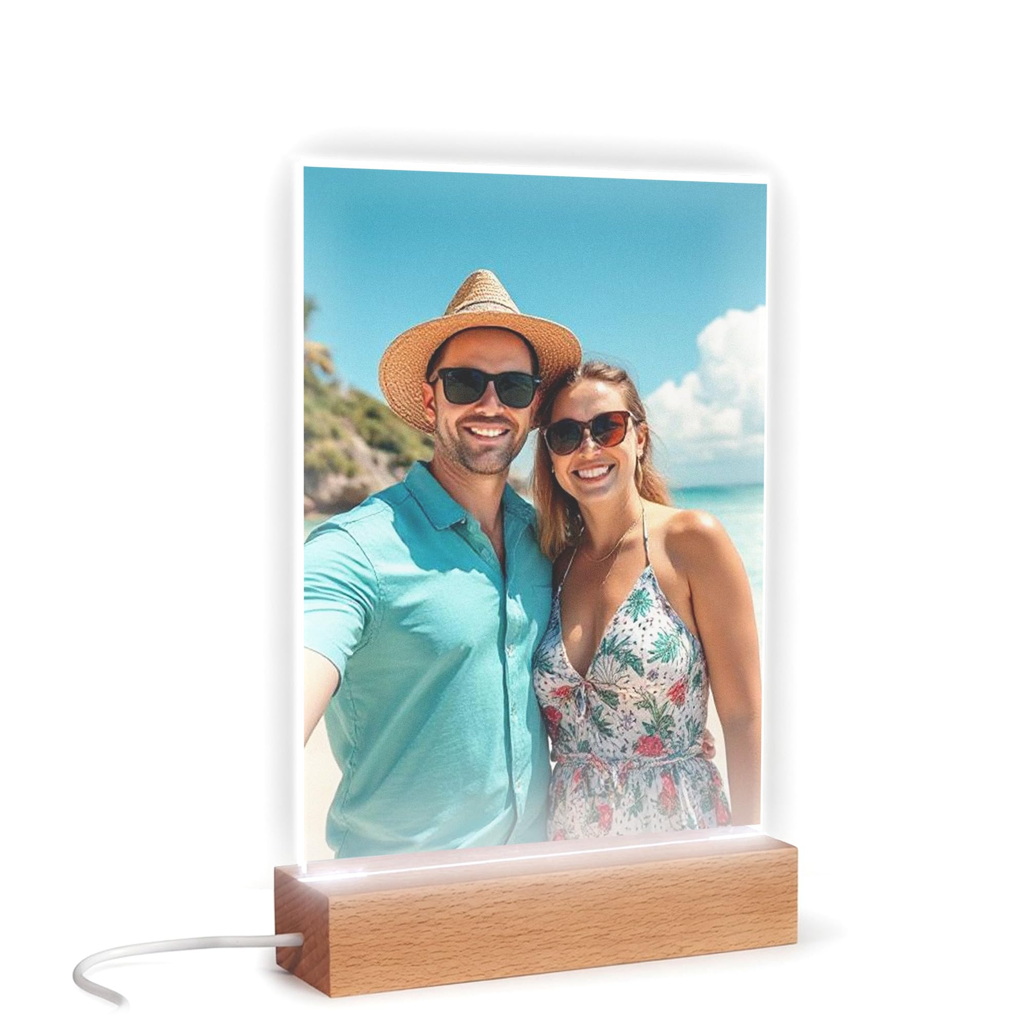 Personalised Photo Frame Plaque with Multi-Colour LED Wooden Base - Custom Clear Acrylic Picture Display A5 (148x210mm) - Light-Up Gift for Him, Her, Couples or Family