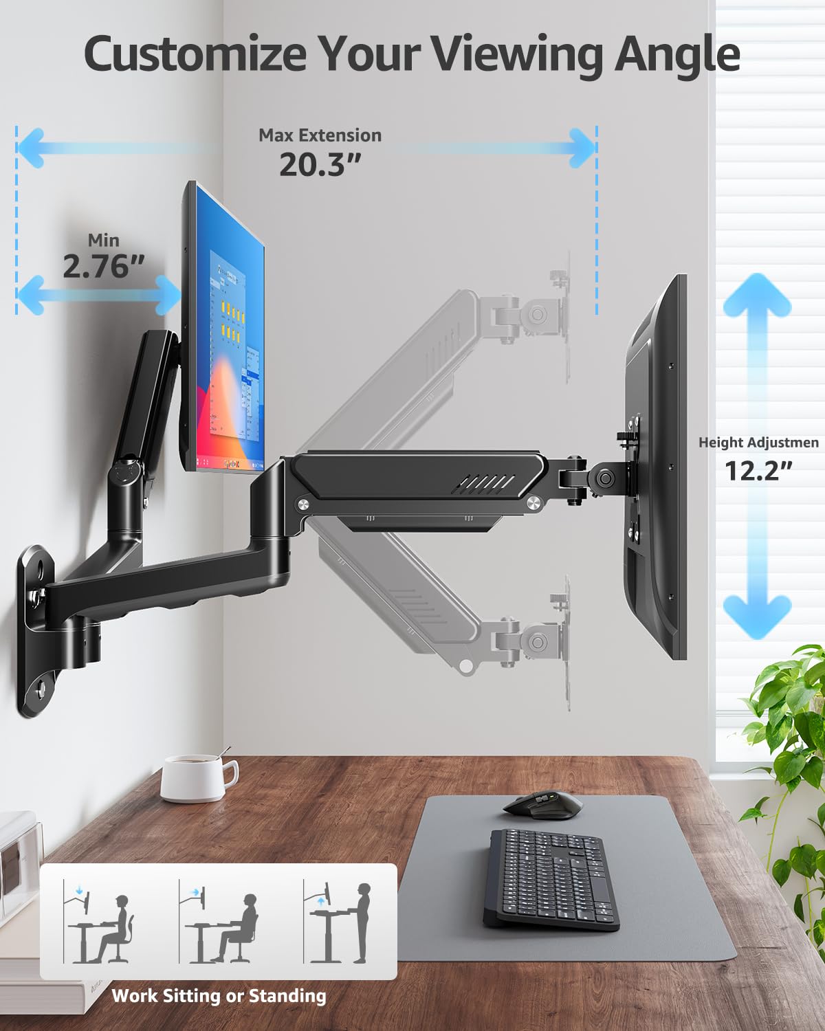 ELIVED Supporto da parete per monitor fino a 9 kg, VESA 75/100 mm, molla a gas PC, monitor Hatlerung a parete, girevole a 360°, doppio supporto per monitor EV6022