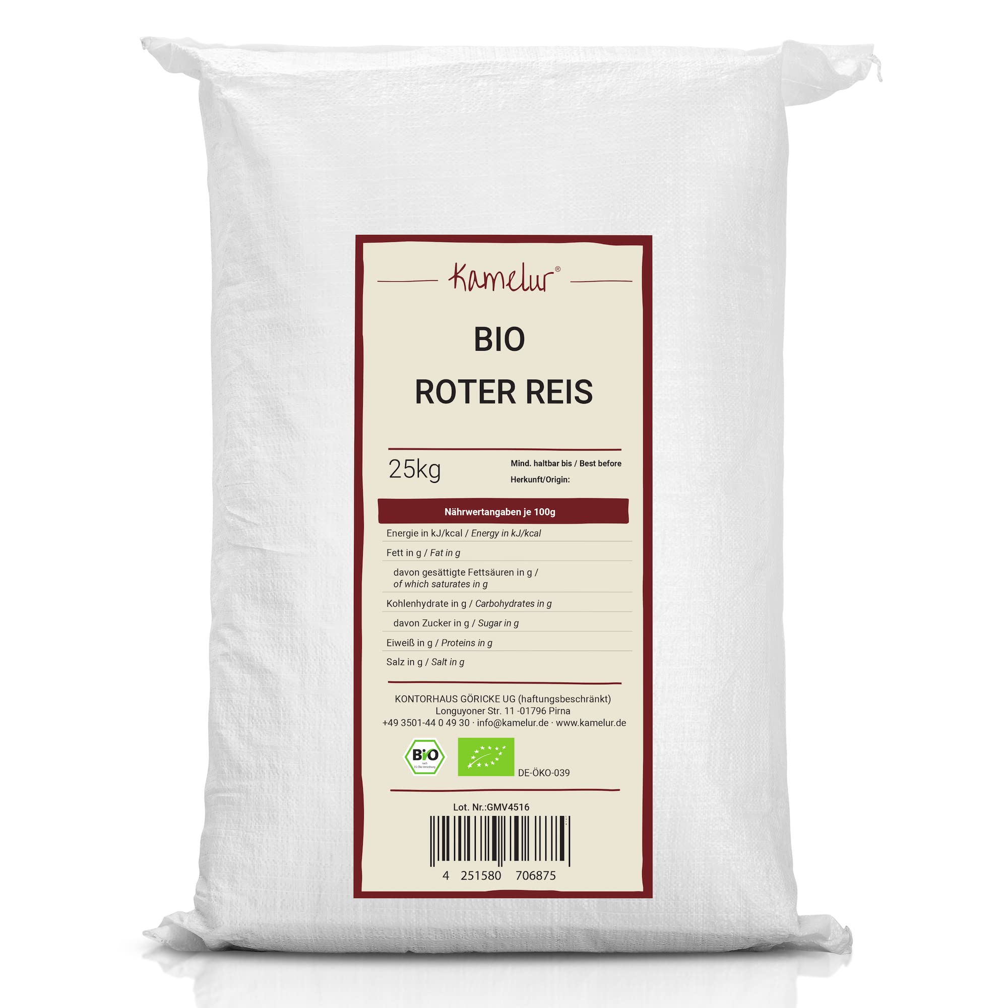 Kamelur 25kg BIO Roter Reis Vollkorn roter Vollkornreis BIO ohne Zusätze in der Großpackung