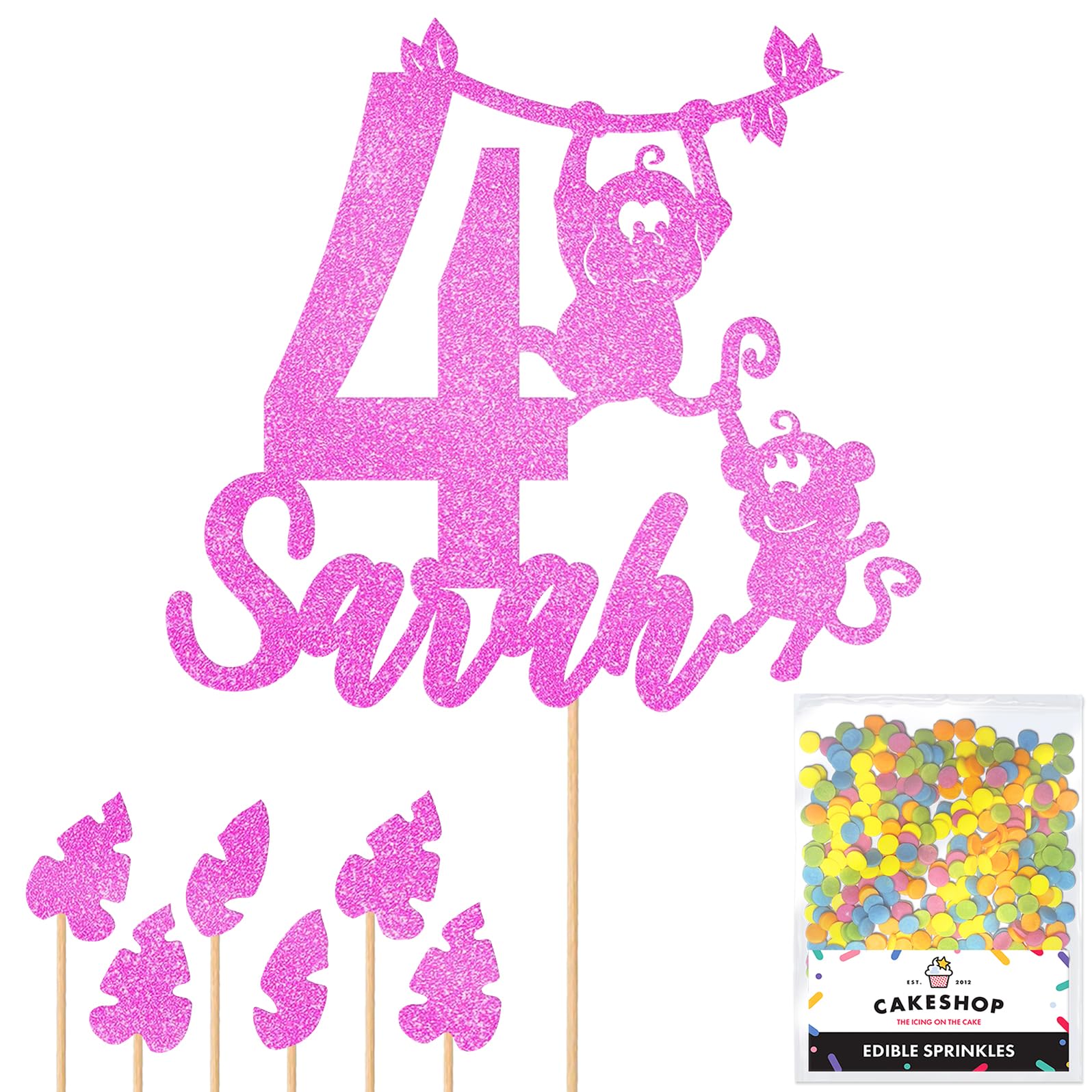 Personalised Birthday Jungle Monkey Glitter Cake Topper Lt Pink Any Custom Age & Name Glitter Cake Decoration and Sprinkles - Happy Birthday Decorations - Personalised Toppers for Cakes by Cakeshop — image 1