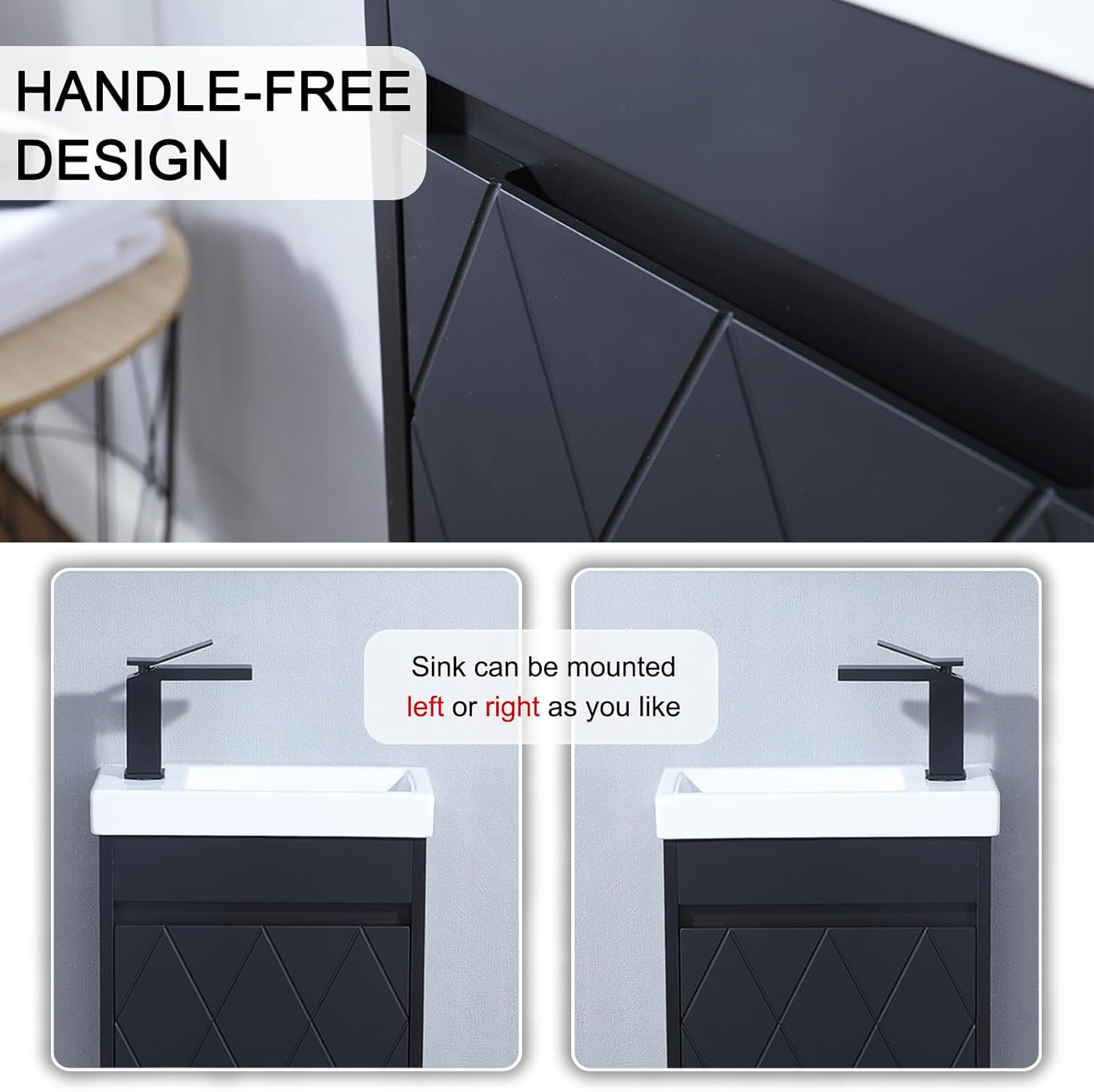Floating Narrow Bathroom Cabinet Set with Basin Sink, 16" Small Bathroom Vanity Sink Combo for Small Space, Black Wall Mounted Modern Vanity Featuring Single Door