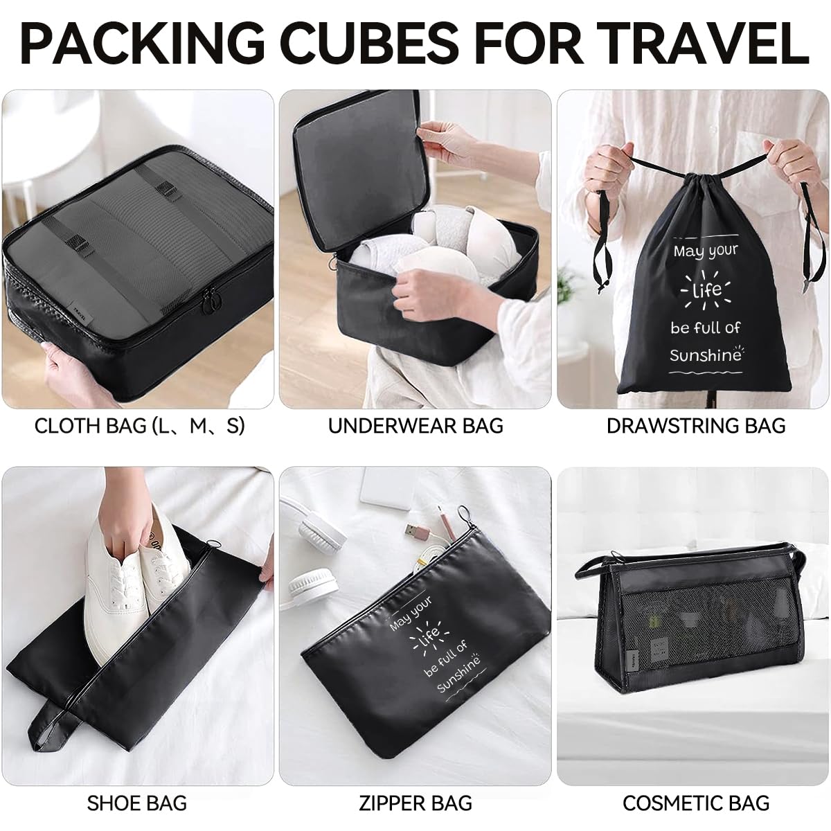 Shadcoler Organizer Valigia, 8 Pezzi Organizer Valigia Salvaspazio, Organizer Viaggio, Packing Cubes per Cosmetici, Abbigliamento Intimo, Vestiti, Borse, Scarpe, Viaggio Accessori Utili (Black)