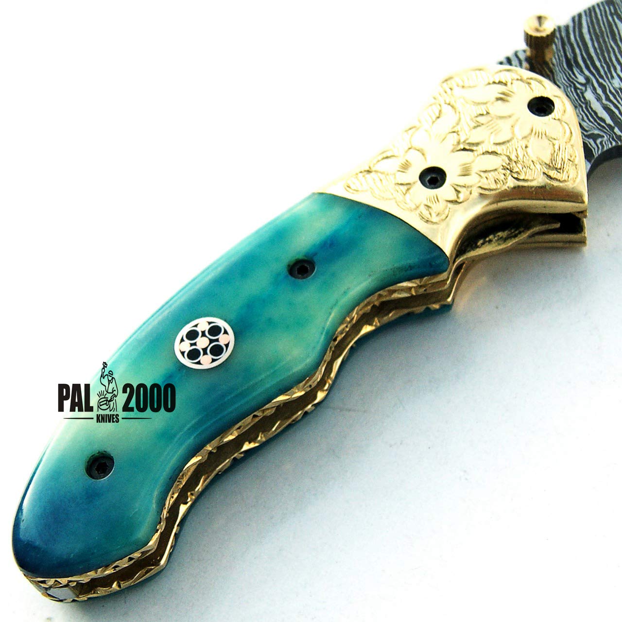 PAL 2000 SBRM-9418 Coltello Pieghevole in Acciaio con Lama in Acciaio Damasco con Custodia in Pelle 18 CM Maniglia Tinto Biglietto Cammello Chef Camping Cucina Casa da Pesca Giardino