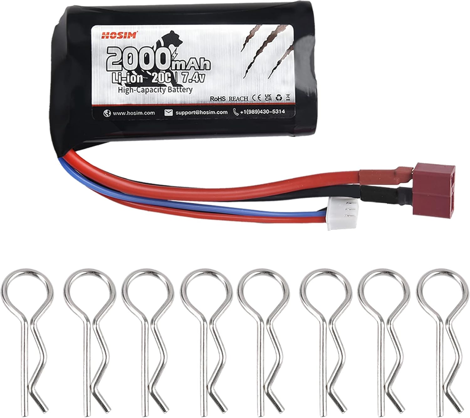 Hosim 1pcs 2S 7.4V 2000mAh 20C TPlug Female Connector Rechargeable Battery and 8pcs Car Shell Buckles, Safe & Fast Charging, Best for 9155 9156 Jumper T16 RC Cars Evader BX Airplane UAV Drone FPV